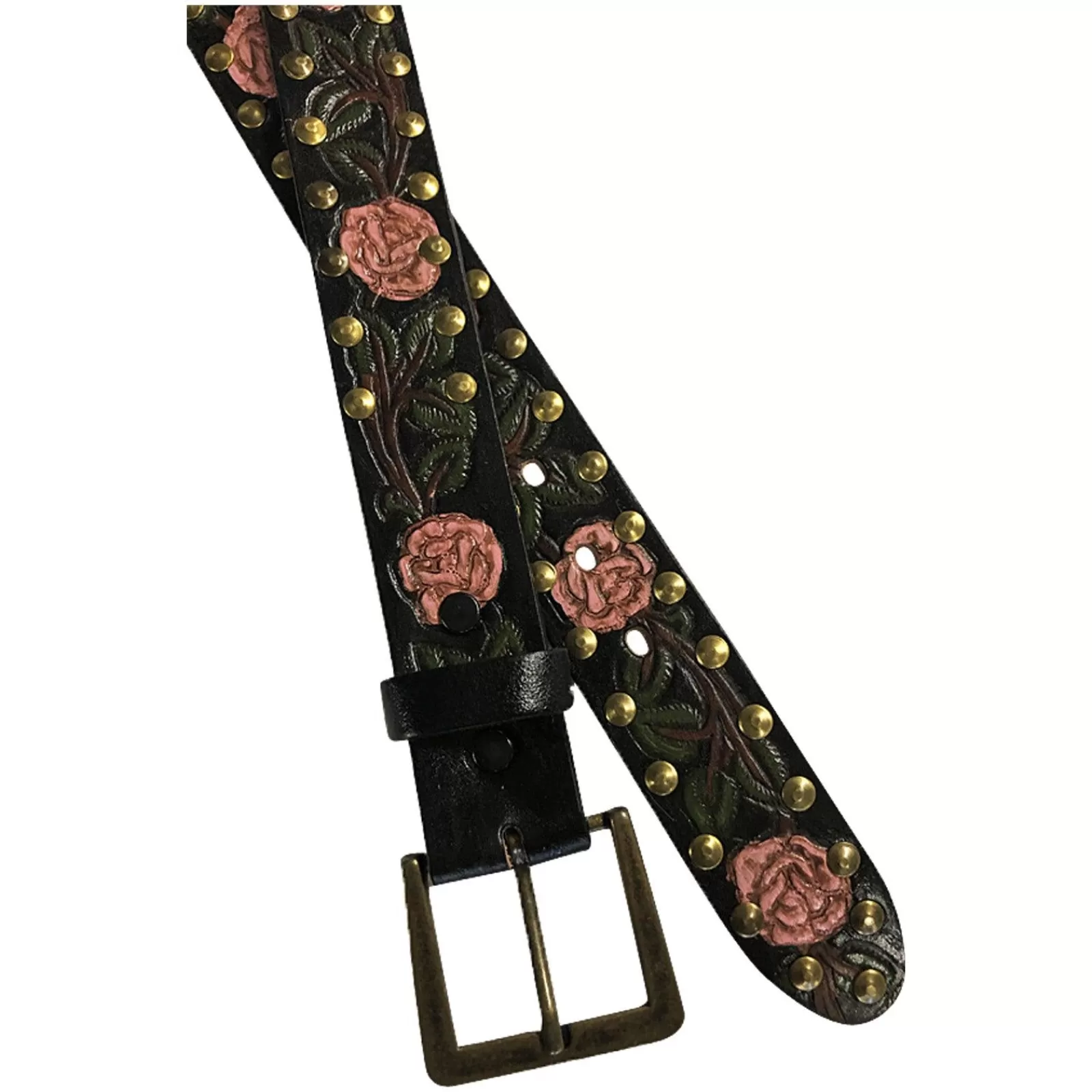 Rockmount Black Tooled Genuine Leather Western Belt With Pink Roses Fashion