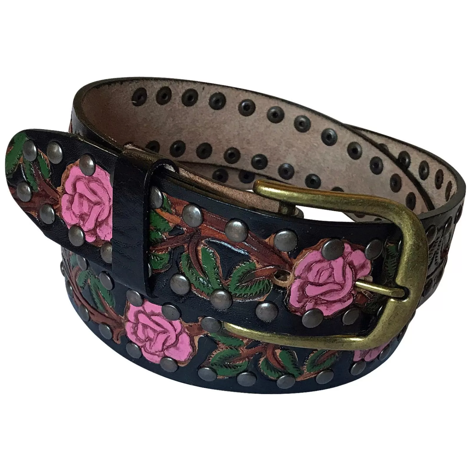 Rockmount Black Tooled Genuine Leather Western Belt With Pink Roses Fashion