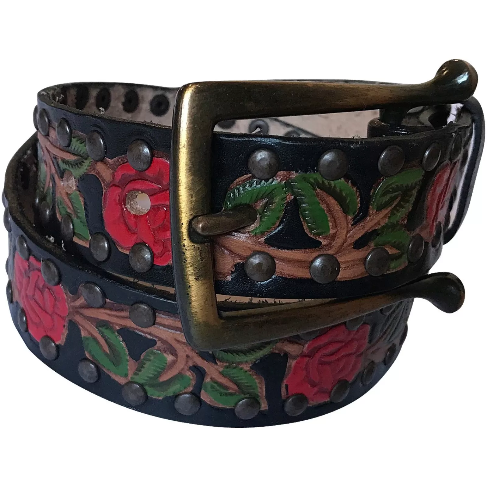 Rockmount Black Tooled Genuine Leather Western Belt With Red Roses Sale