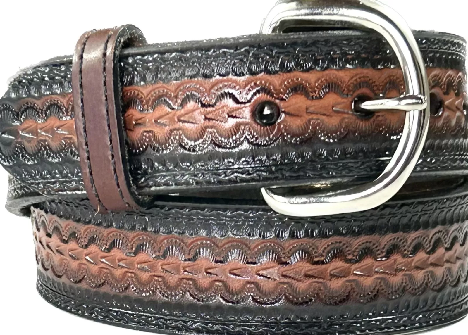 Rockmount Black/Brown Tooled Scalloped Genuine Leather Western Belt Shop