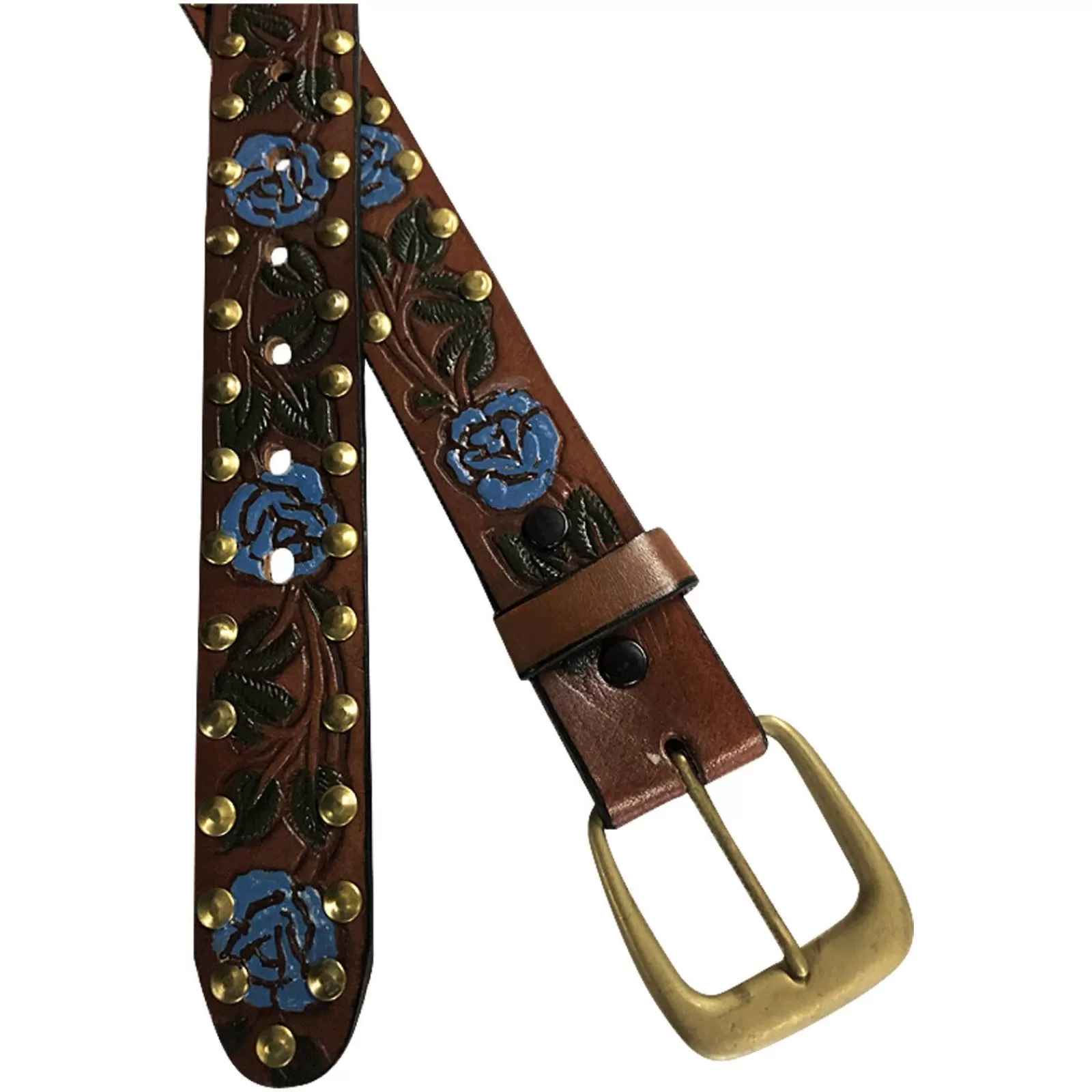 Rockmount Brown Tooled Genuine Leather Western Belt With Blue Roses Best Sale