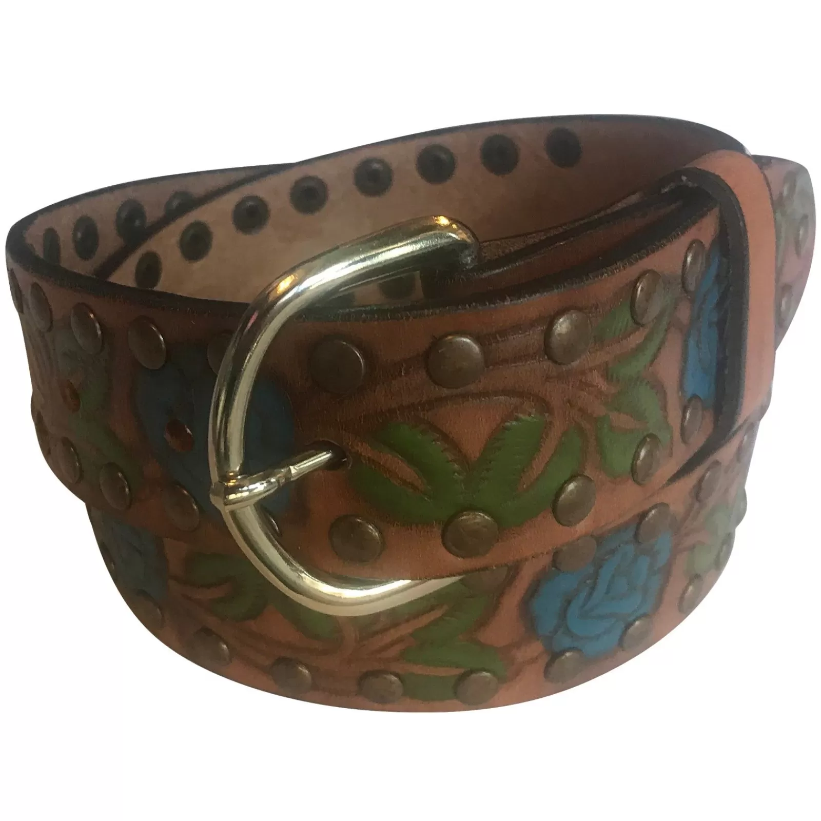 Rockmount Brown Tooled Genuine Leather Western Belt With Blue Roses Best Sale