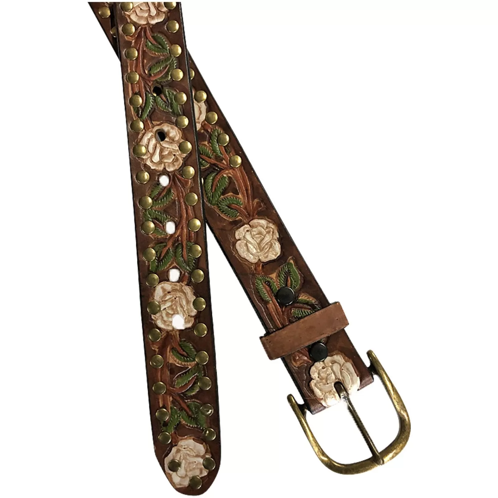 Rockmount Brown Tooled Genuine Leather Western Belt With White Roses Best Sale