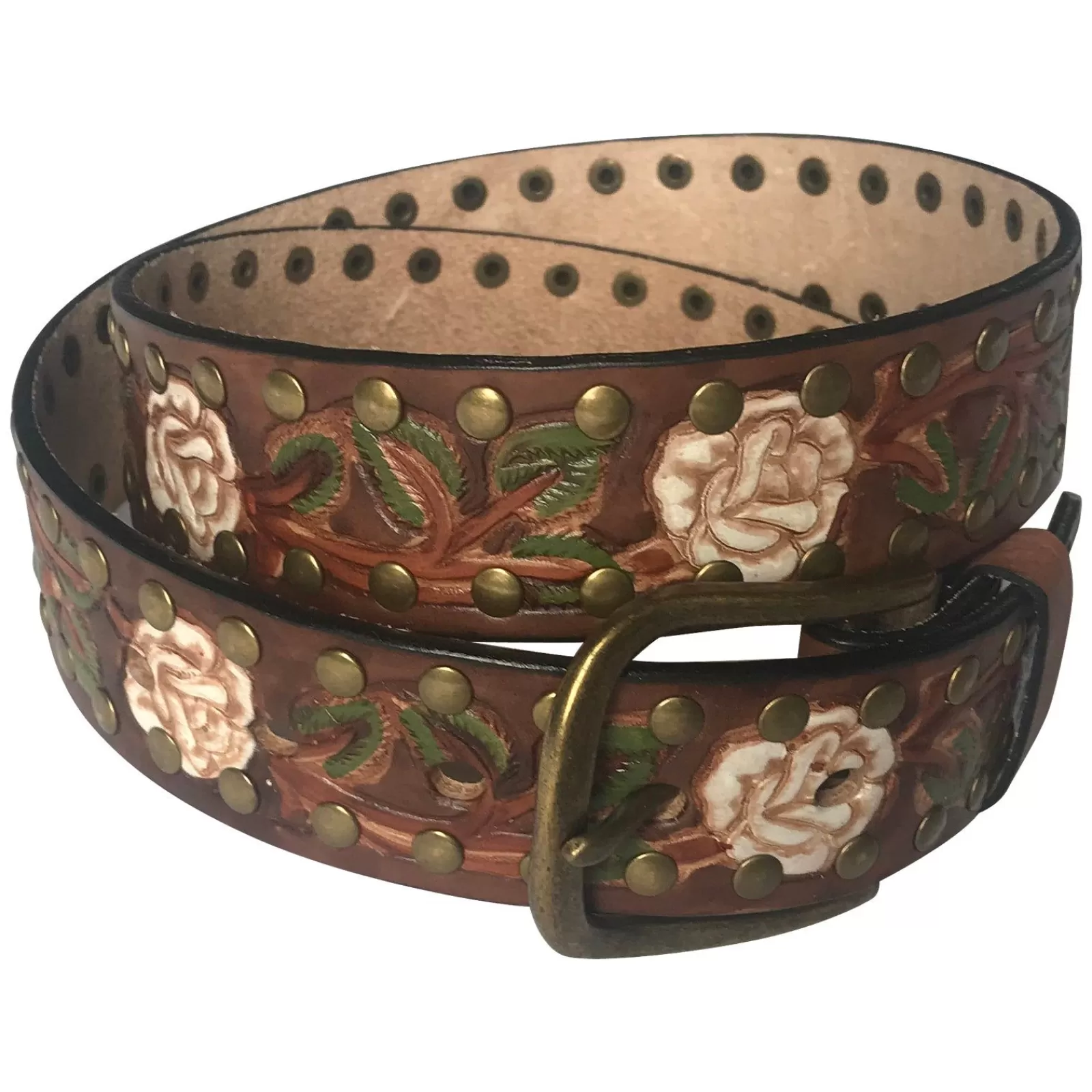 Rockmount Brown Tooled Genuine Leather Western Belt With White Roses Best Sale