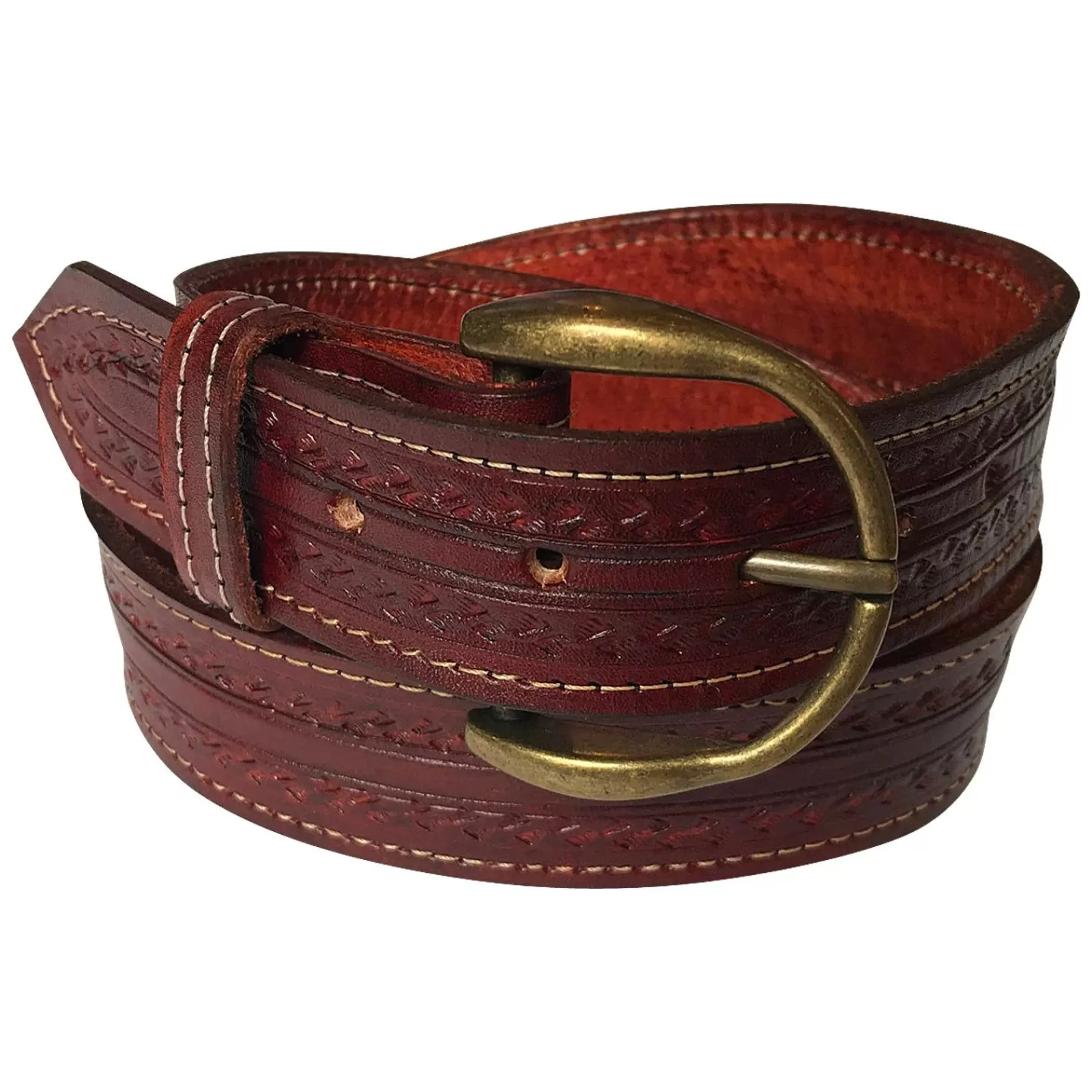 Rockmount Burgundy Tooled Check Pattern Genuine Leather Western Belt Flash Sale