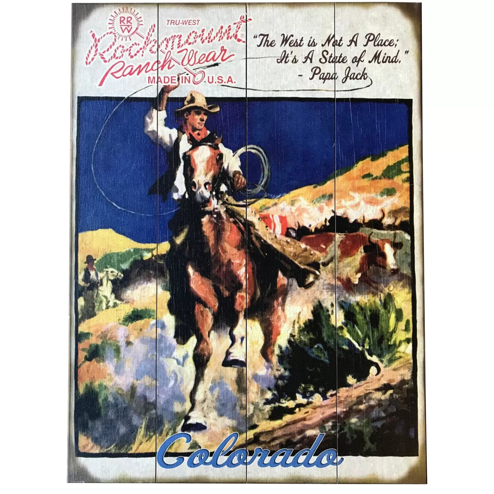 Rockmount Cowboy Calf Roper Distressed Wood Western Sign (Large) New