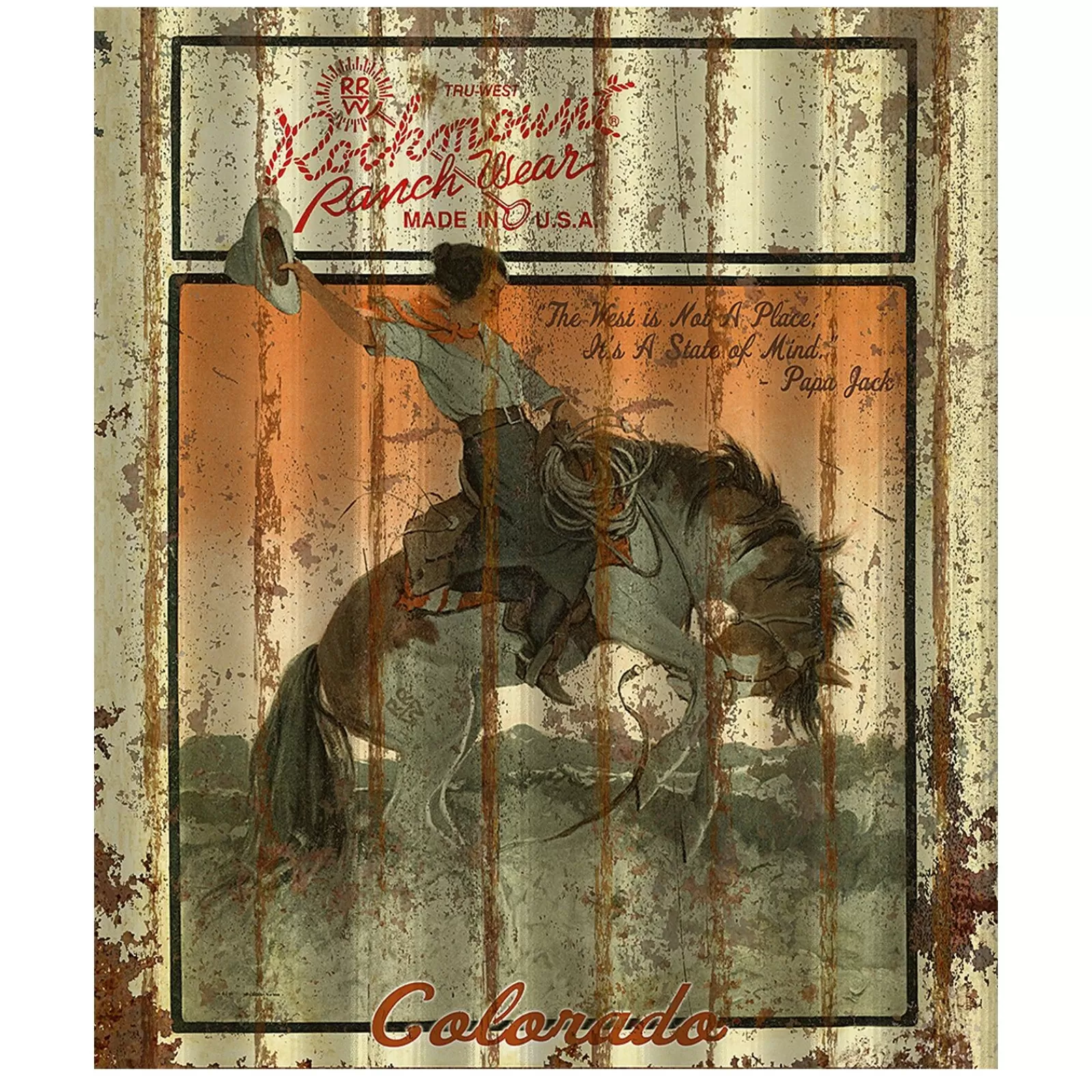 Rockmount Cowgirl Bronc Corrugated Distressed Metal Western Sign Clearance