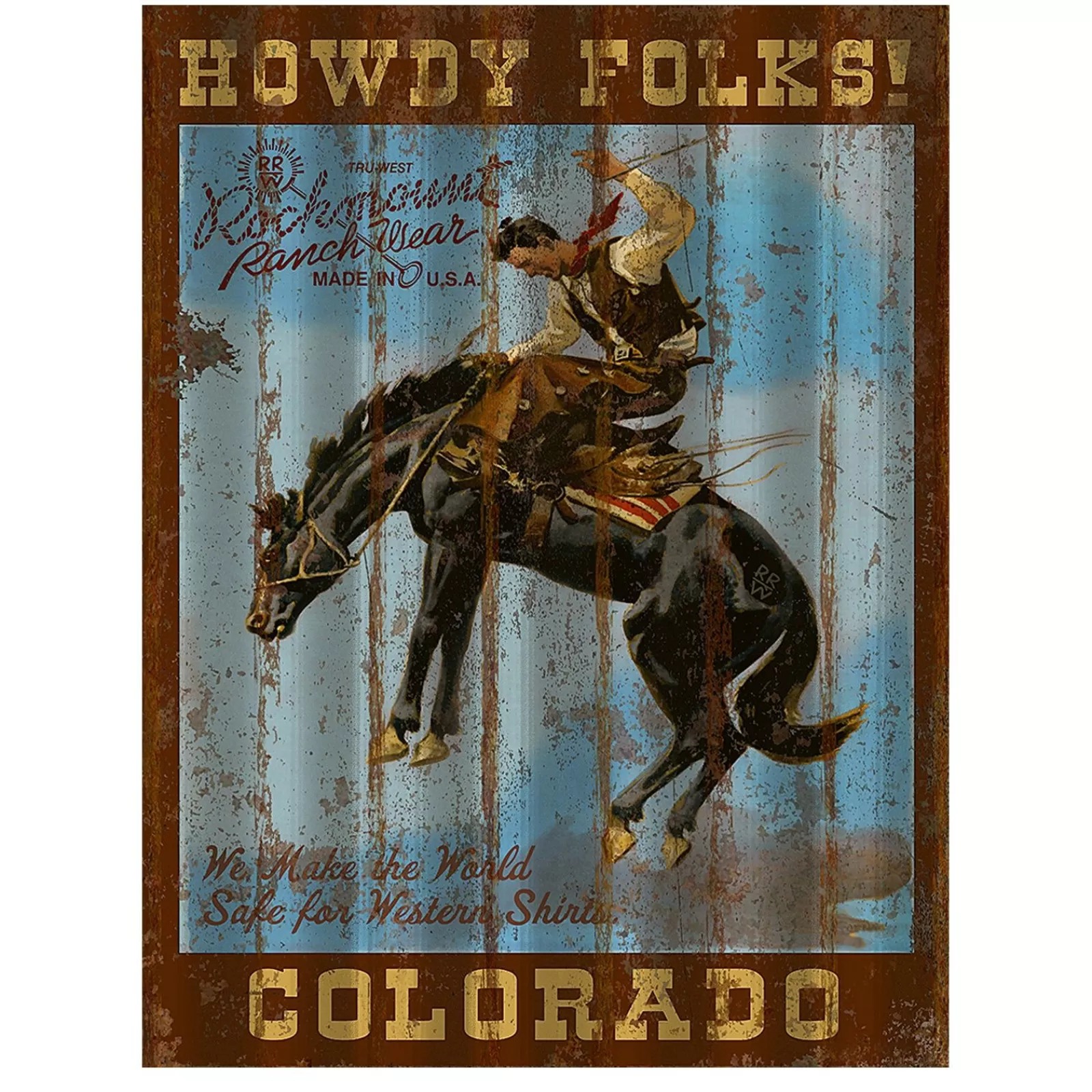 Rockmount Howdy Folks Corrugated Distressed Metal Western Sign Best Sale