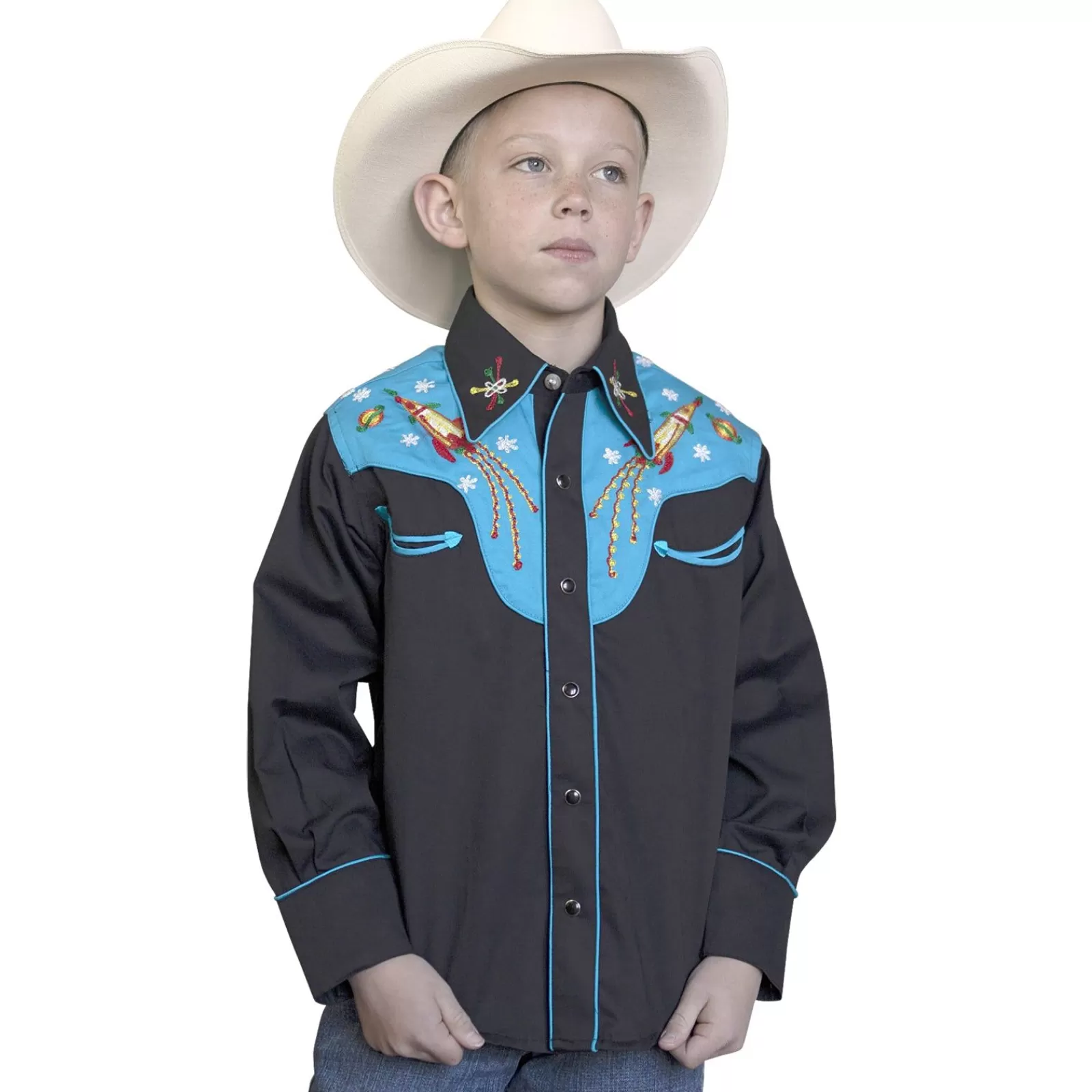 Rockmount Kid'S 2-Tone Space Cowboy Embroidered Western Shirt In Black & Turquoise New