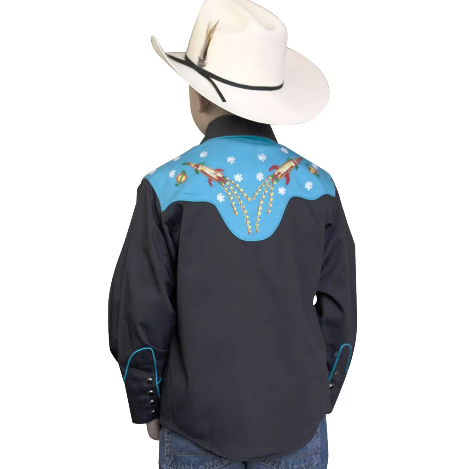 Rockmount Kid'S 2-Tone Space Cowboy Embroidered Western Shirt In Black & Turquoise New
