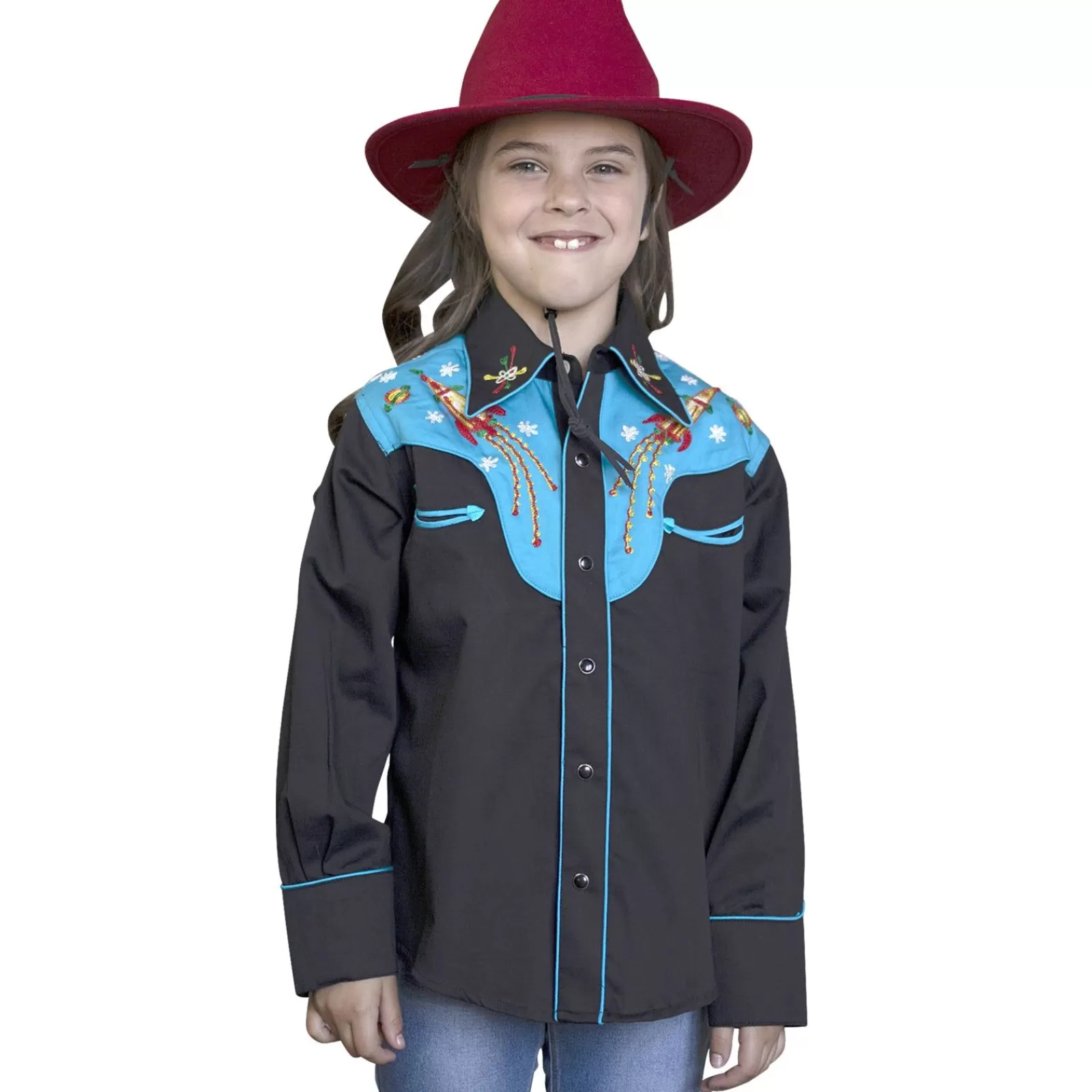Rockmount Kid'S 2-Tone Space Cowboy Embroidered Western Shirt In Black & Turquoise New