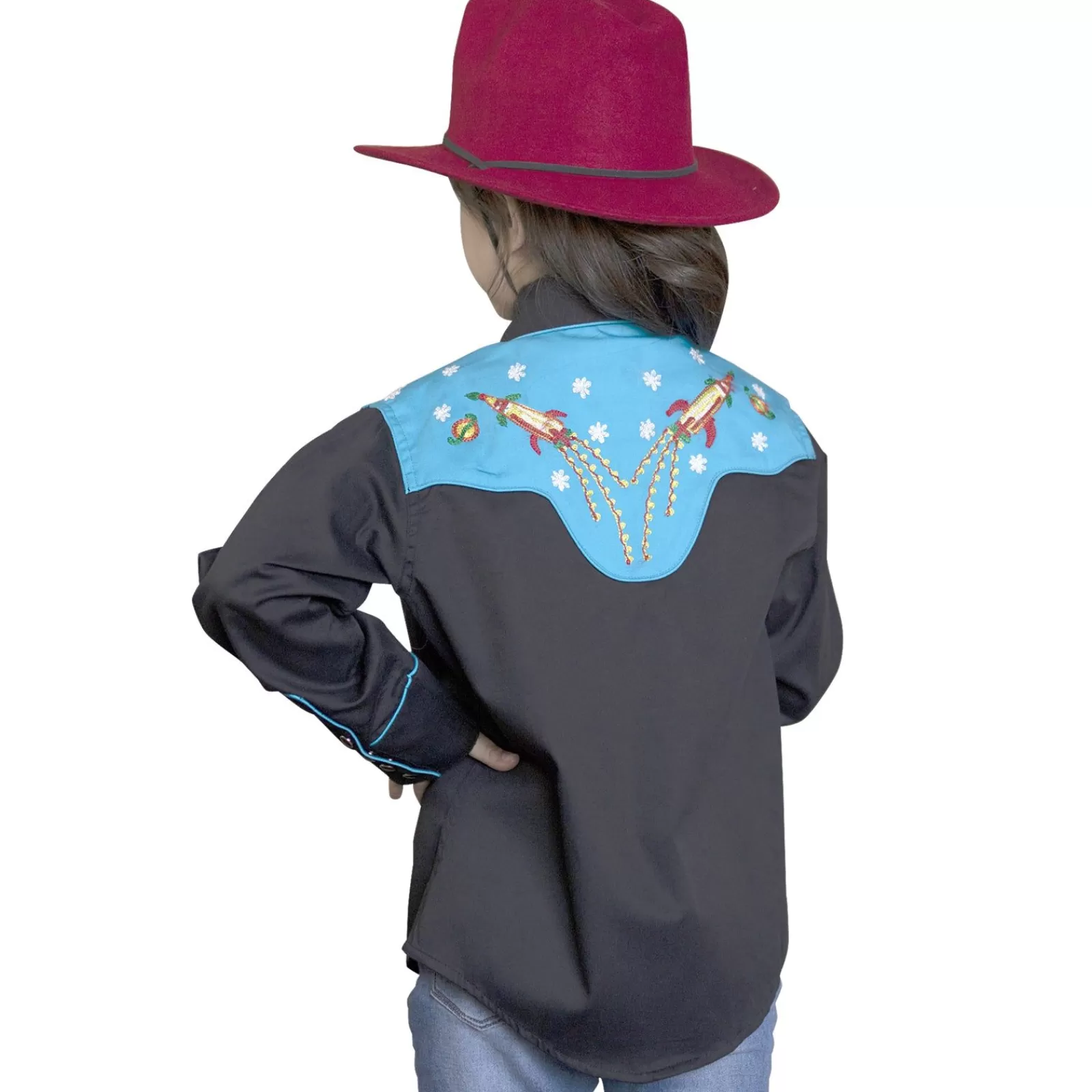 Rockmount Kid'S 2-Tone Space Cowboy Embroidered Western Shirt In Black & Turquoise New