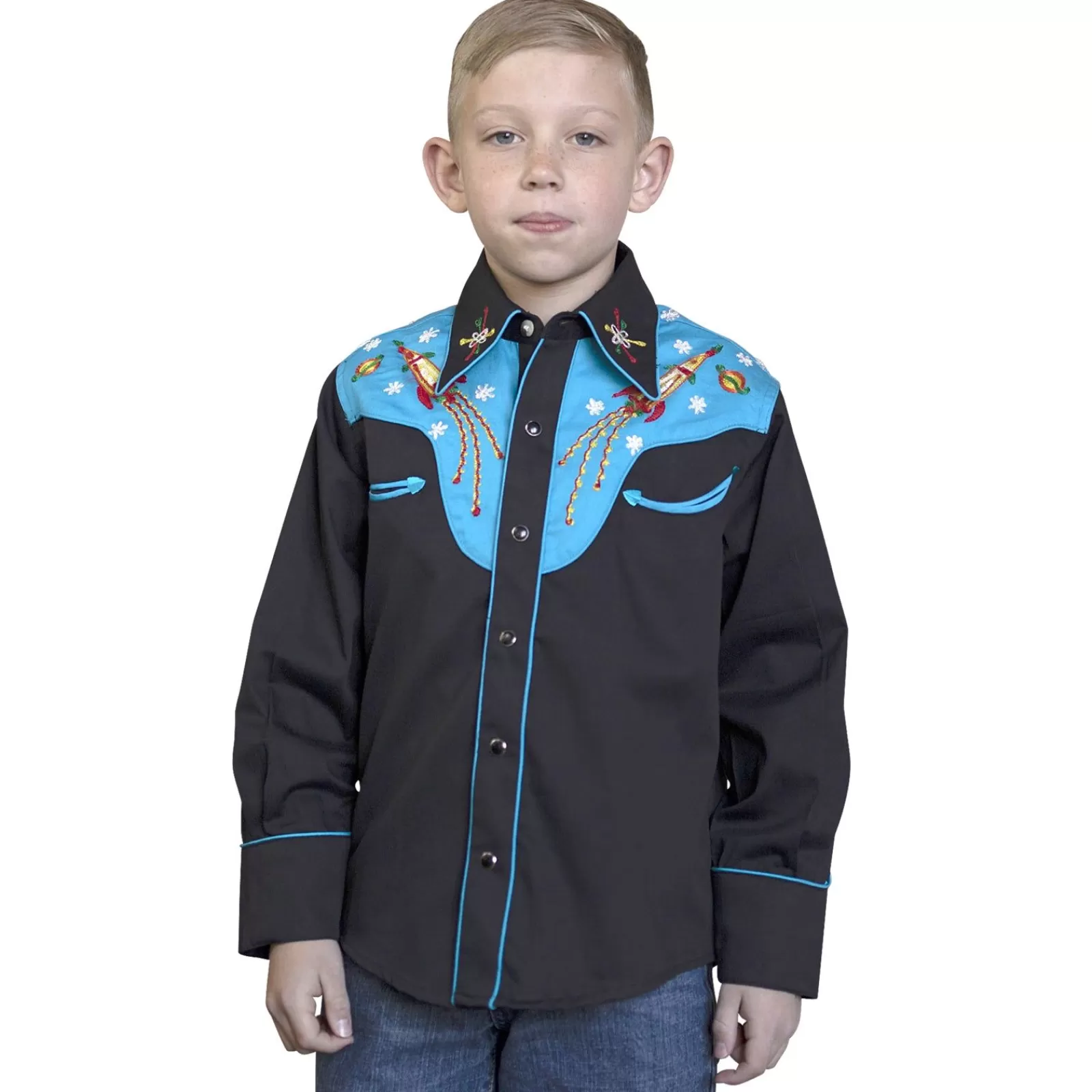 Rockmount Kid'S 2-Tone Space Cowboy Embroidered Western Shirt In Black & Turquoise New