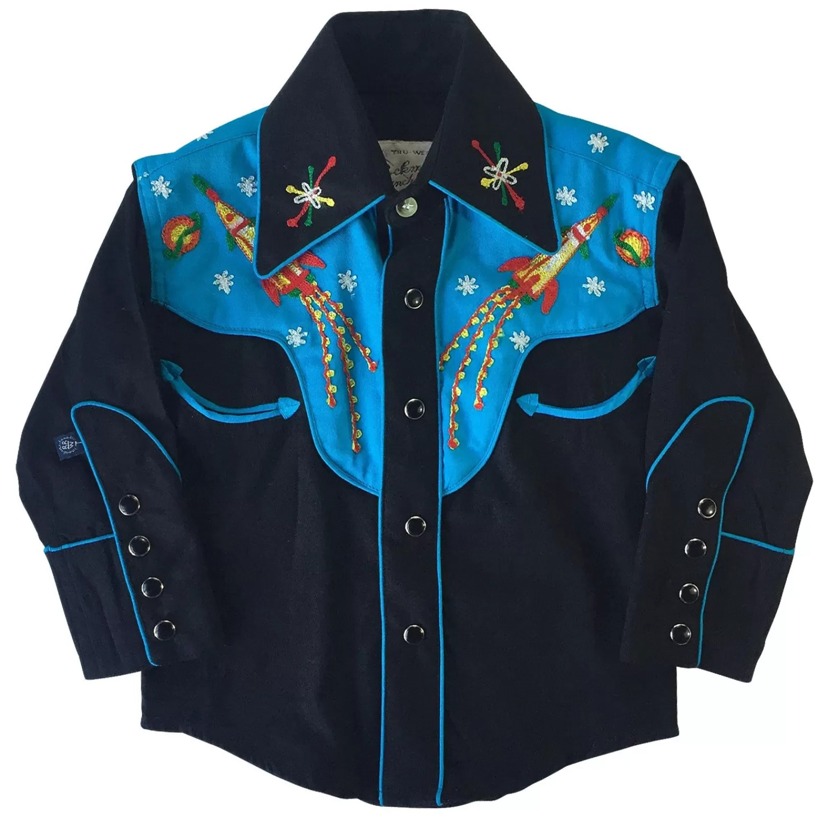 Rockmount Kid'S 2-Tone Space Cowboy Embroidered Western Shirt In Black & Turquoise New