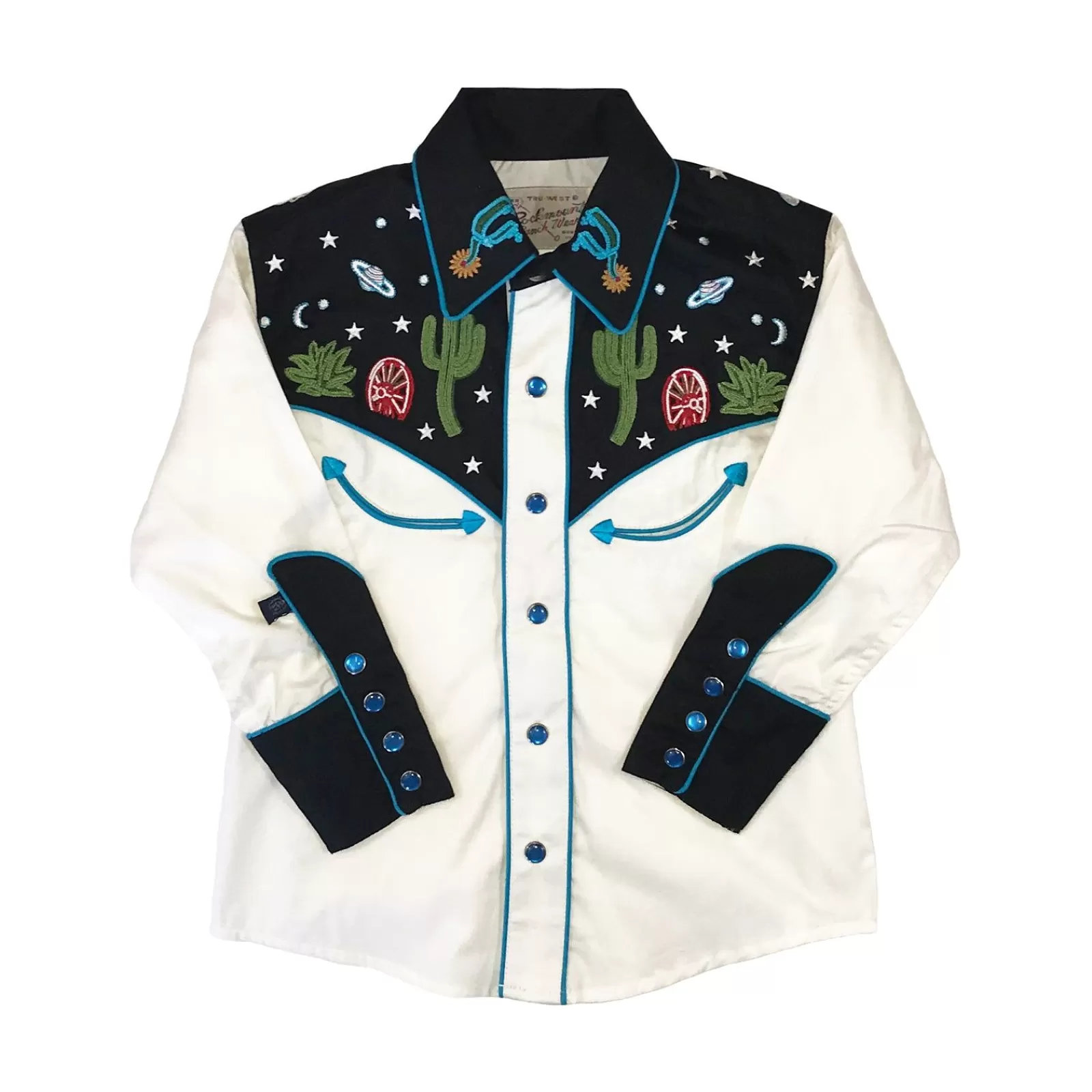 Rockmount Kid'S Black Vintage Cactus & Stars Chain Stitch Embroidery Western Shirt New