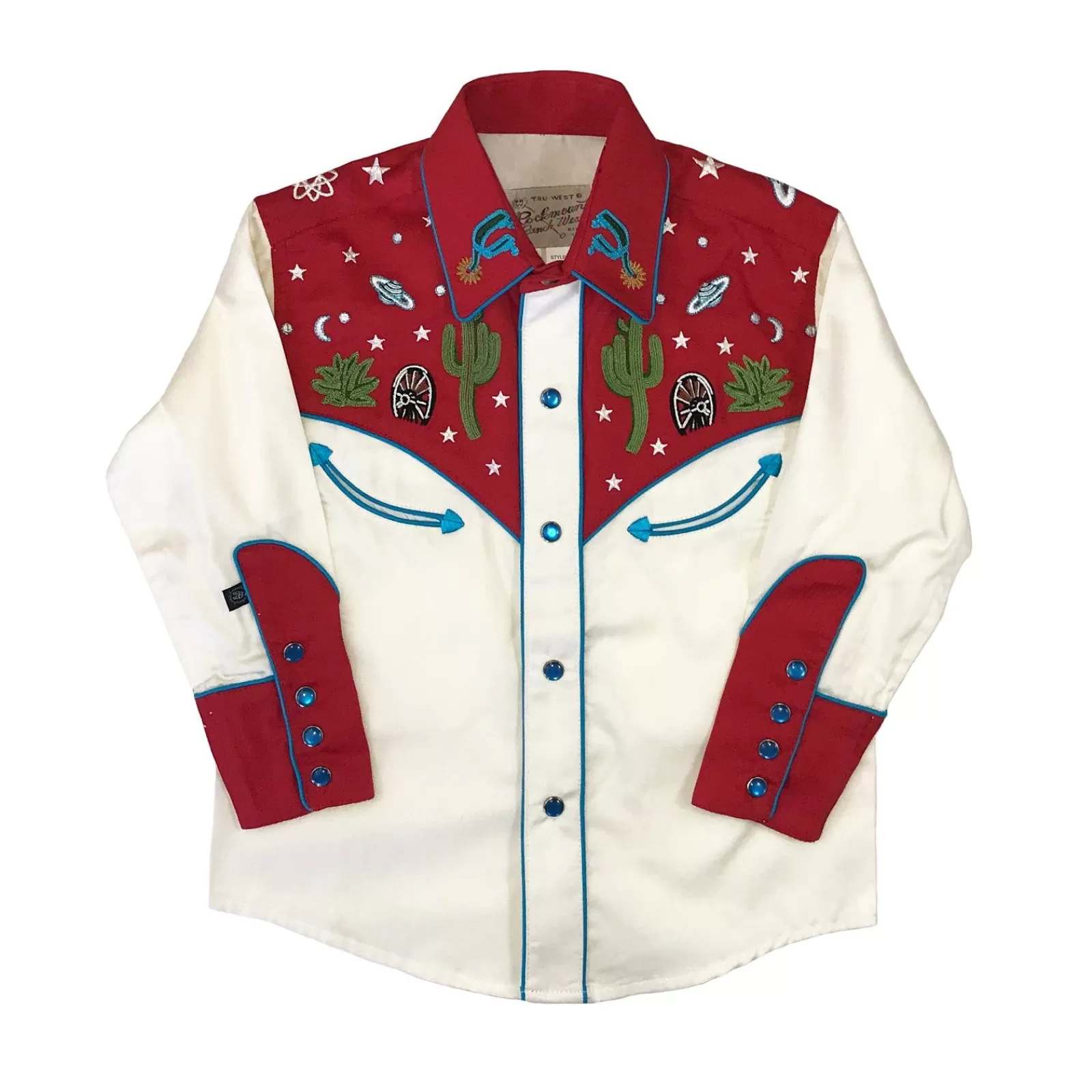Rockmount Kid'S Red Vintage Cactus & Stars Chain Stitch Embroidery Western Shirt New