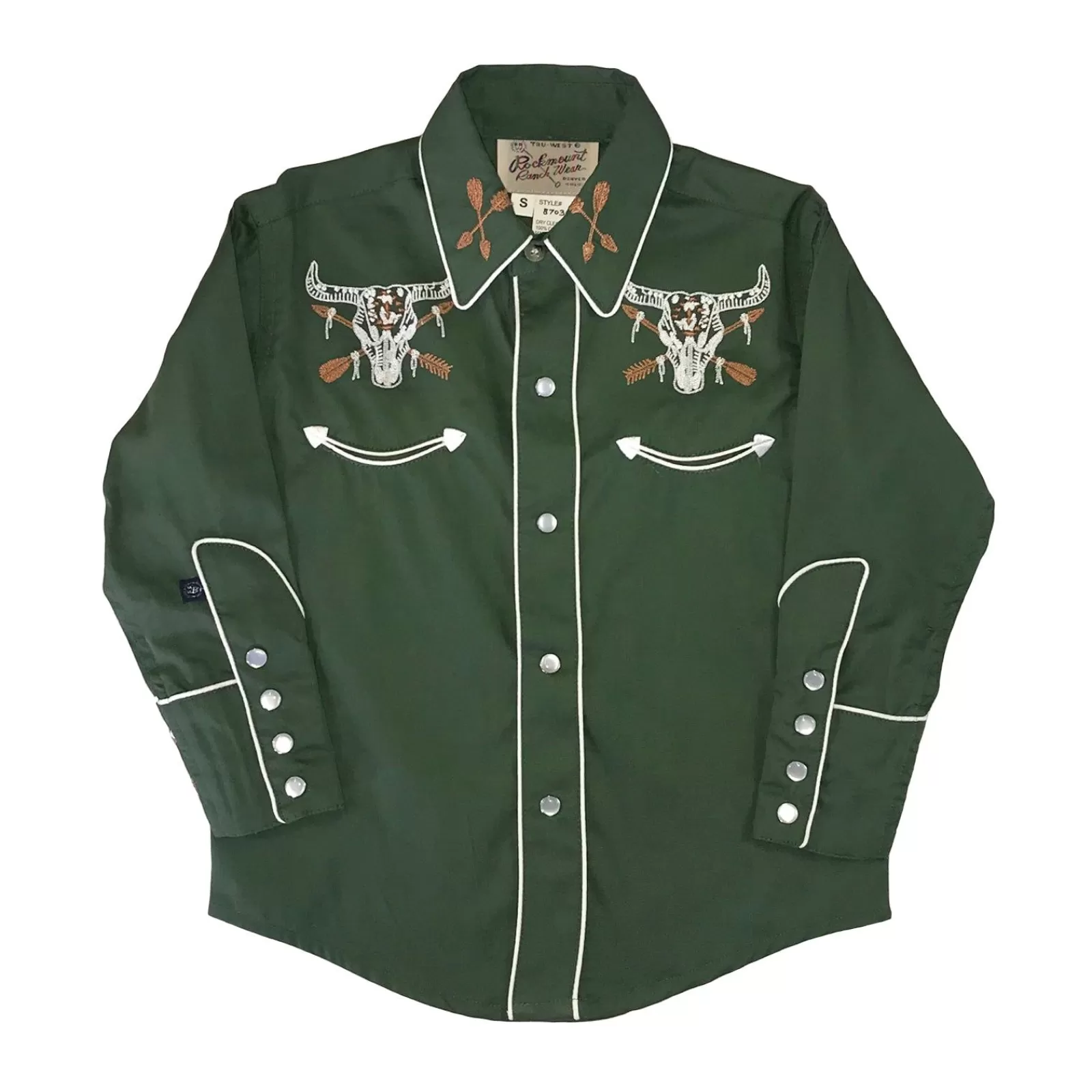 Rockmount Kid'S Vintage Green Steer Skull & Arrow Chain Stitch Embroidery Western Shirt Store