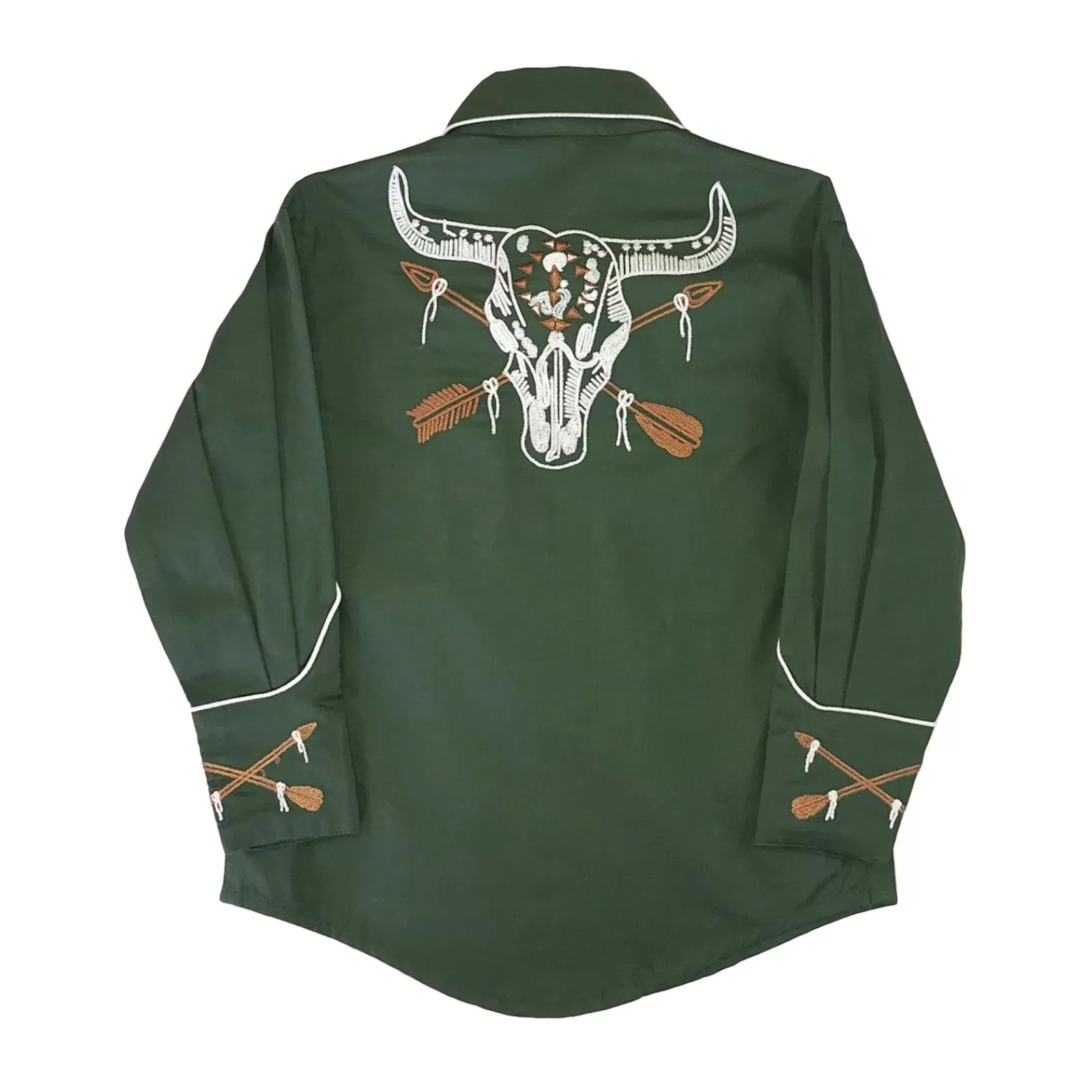 Rockmount Kid'S Vintage Green Steer Skull & Arrow Chain Stitch Embroidery Western Shirt Store