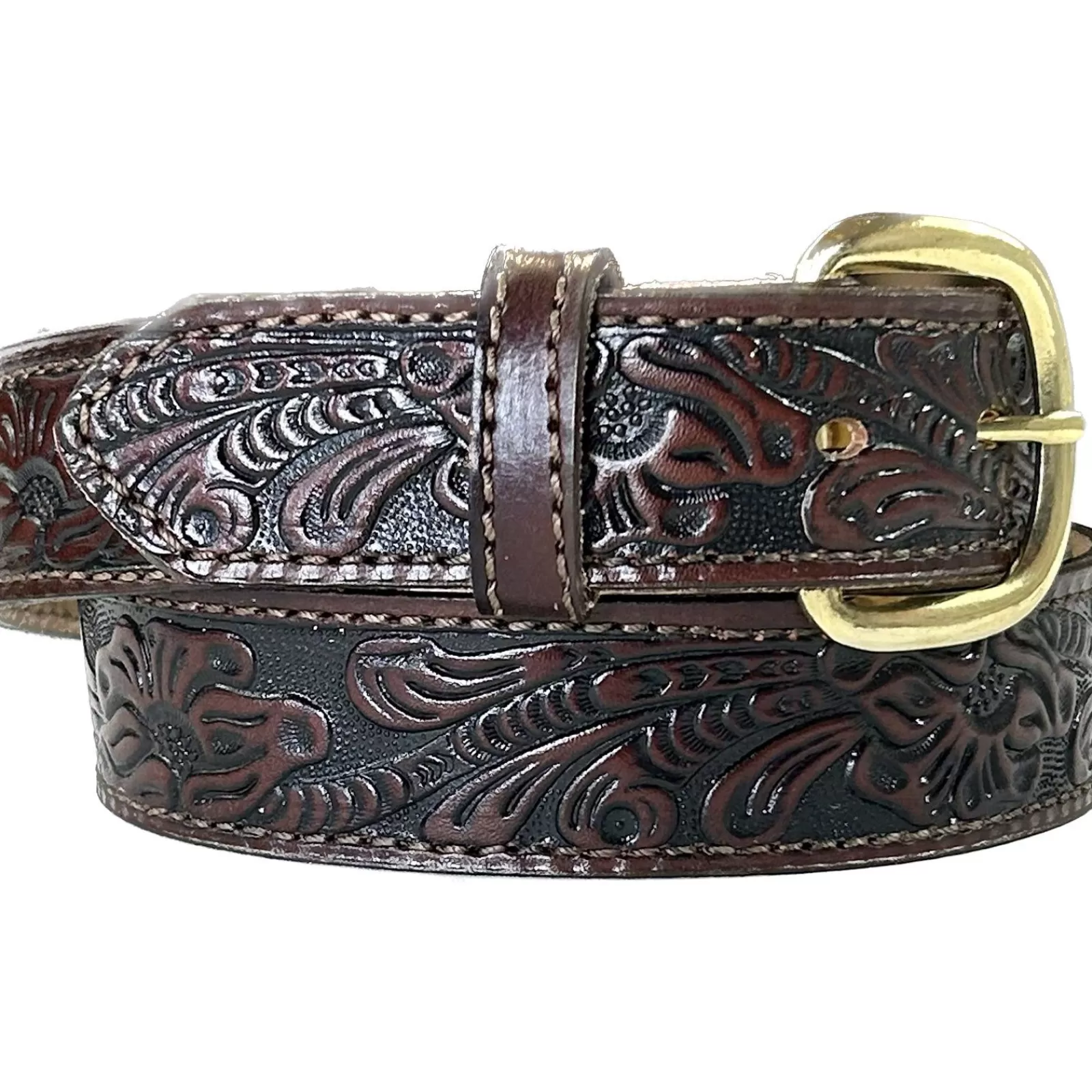 Rockmount Leaf Tooling Trip Stitch Genuine Tan Leather Western Belt Best