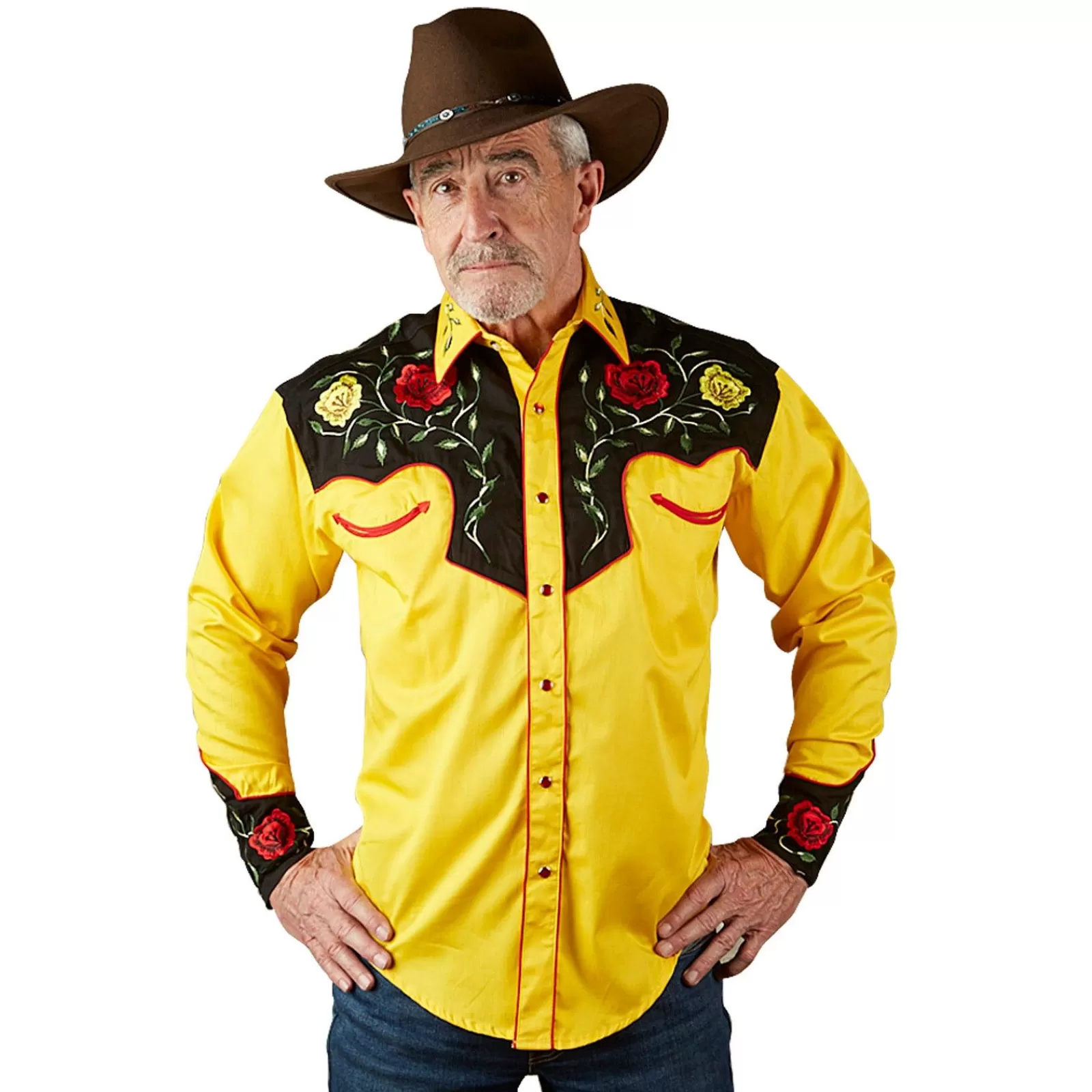 Rockmount Men'S 2-Tone Black & Gold Floral Embroidery Western Shirt New