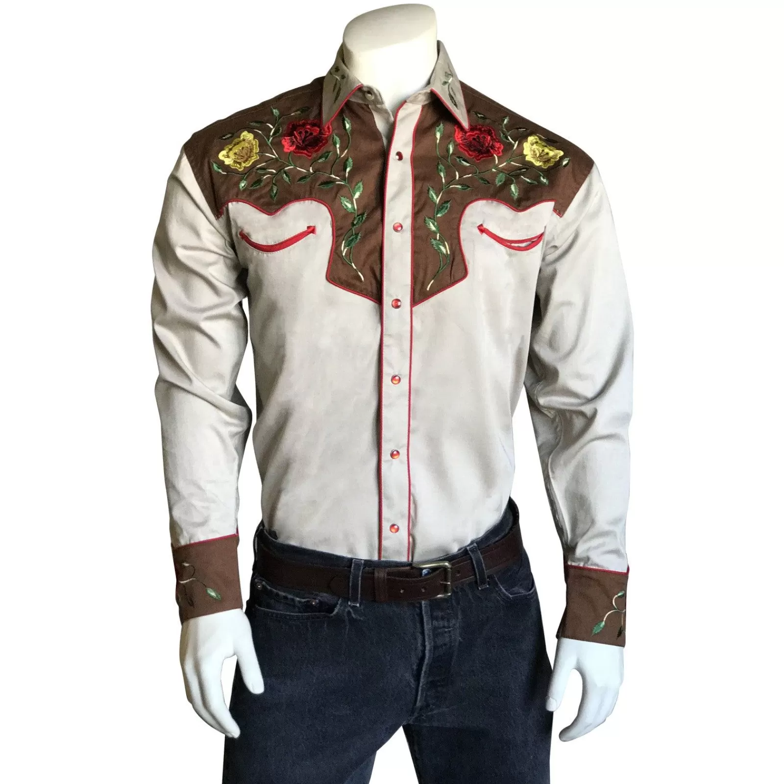 Rockmount Men'S 2-Tone Brown & Tan Floral Embroidery Western Shirt Store