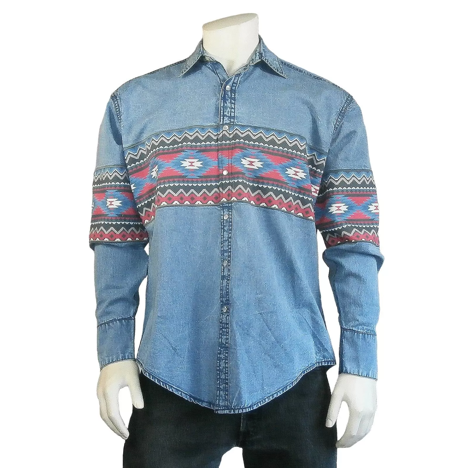 Rockmount Men'S 2-Tone Denim & Red Native Pattern Chest Band Western Shirt Fashion