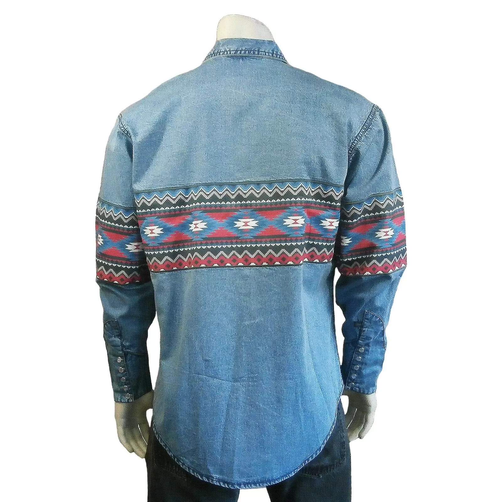 Rockmount Men'S 2-Tone Denim & Red Native Pattern Chest Band Western Shirt Fashion