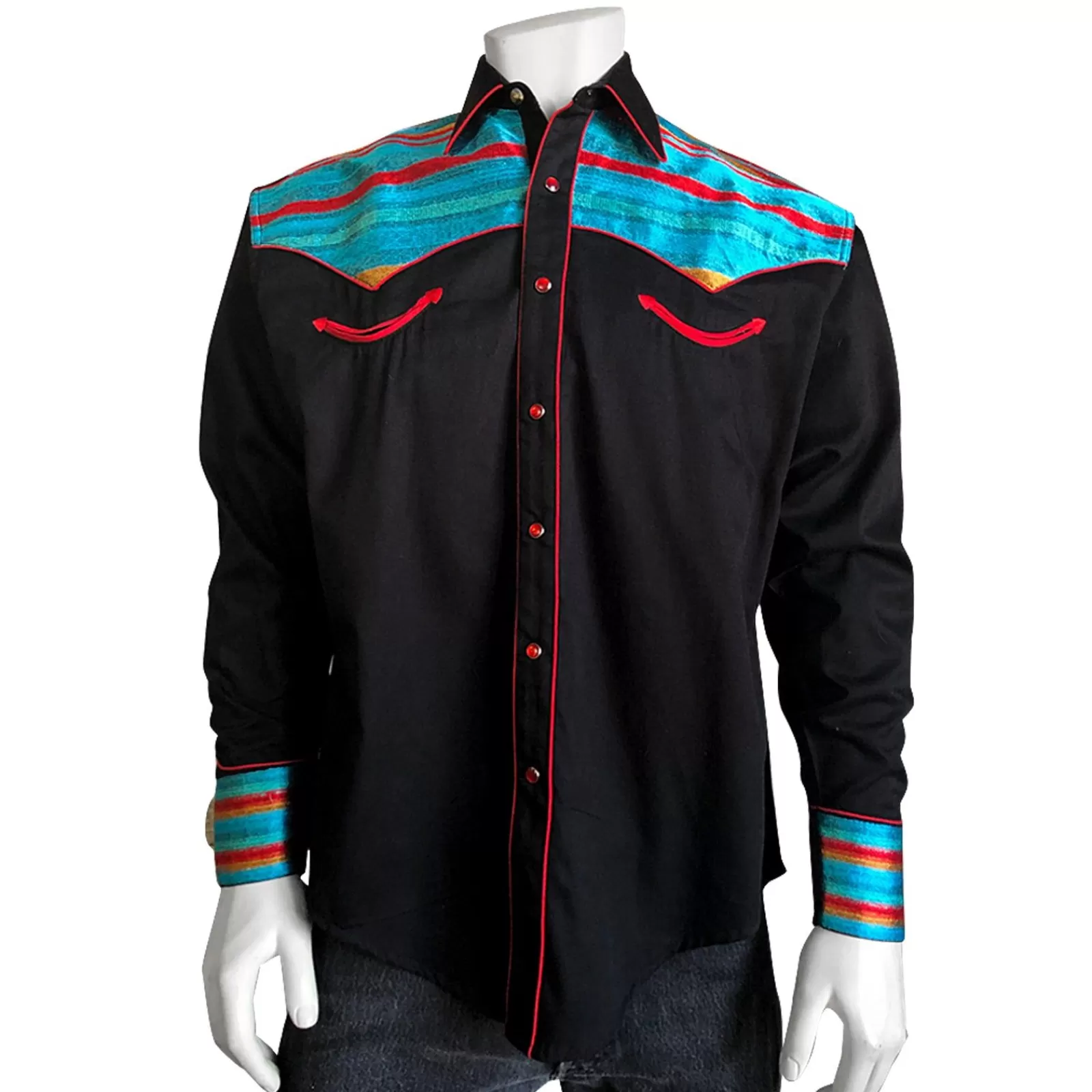 Rockmount Men'S 2-Tone Serape Stripe Embroidery Western Shirt In Black & Turquoise Cheap