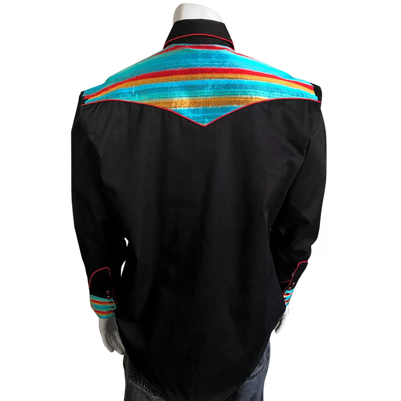 Rockmount Men'S 2-Tone Serape Stripe Embroidery Western Shirt In Black & Turquoise Cheap