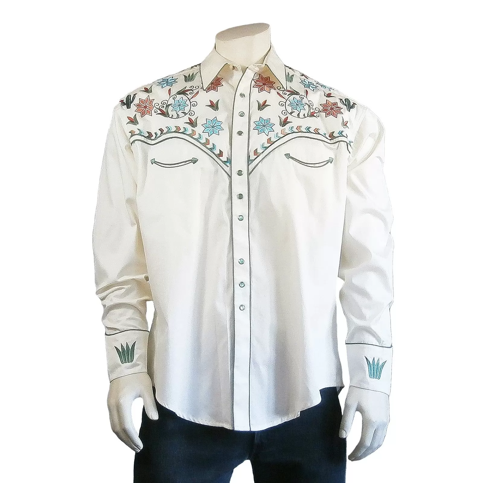 Rockmount Men'S Agave Cactus Ivory Floral Embroidery Western Shirt Cheap