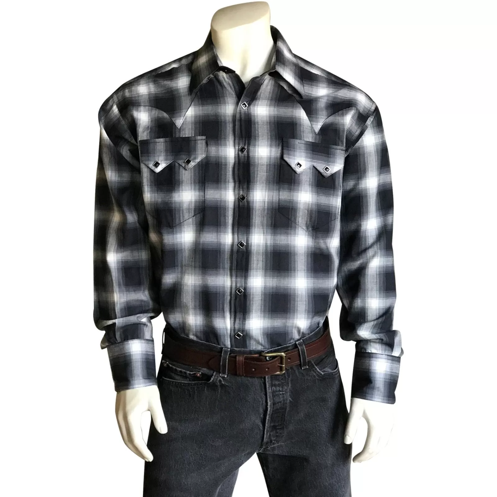 Rockmount Men'S Black & Blue Shadow Plaid Western Shirt Hot