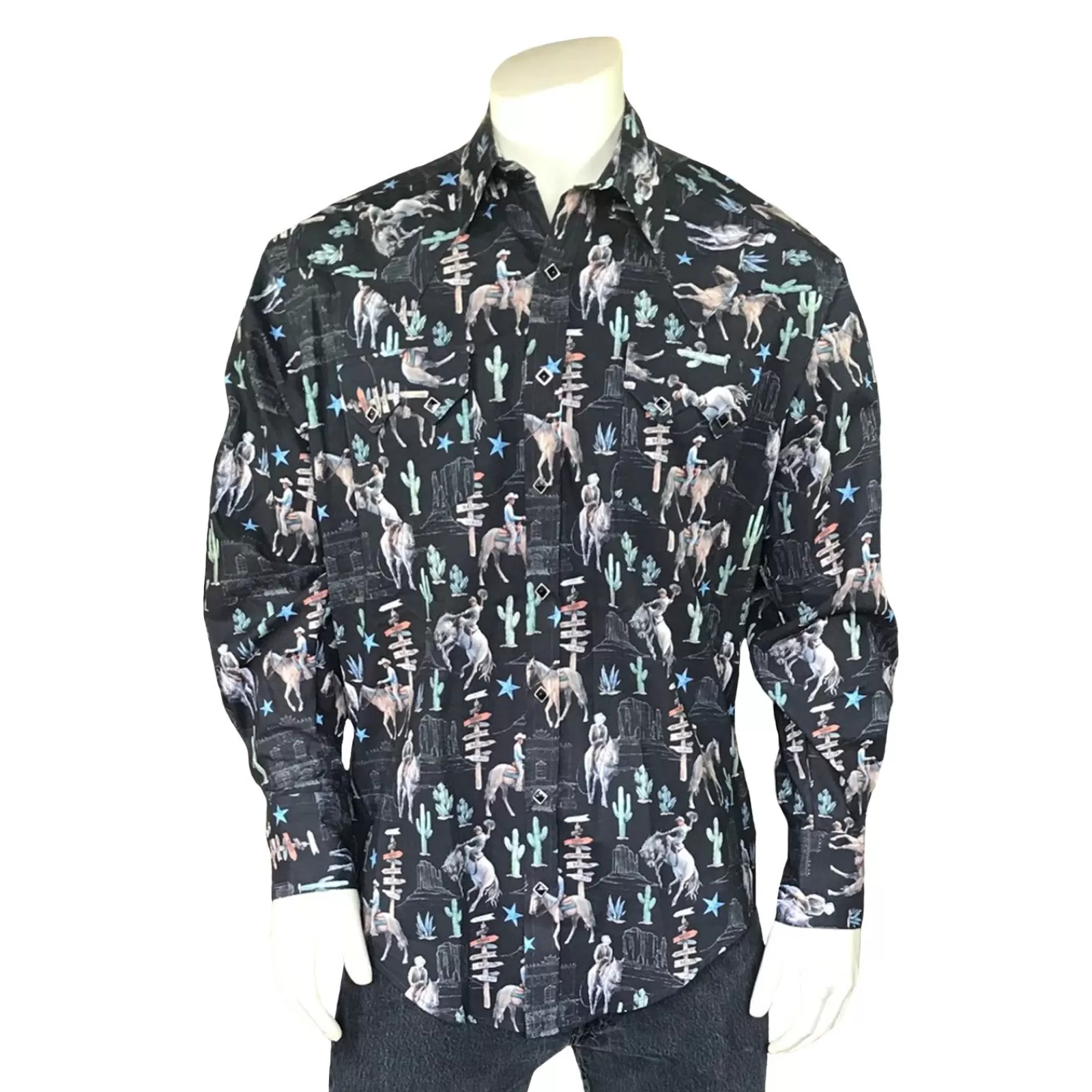 Rockmount Men'S Black Cactus & Cowboys Print Long Sleeve Western Shirt New