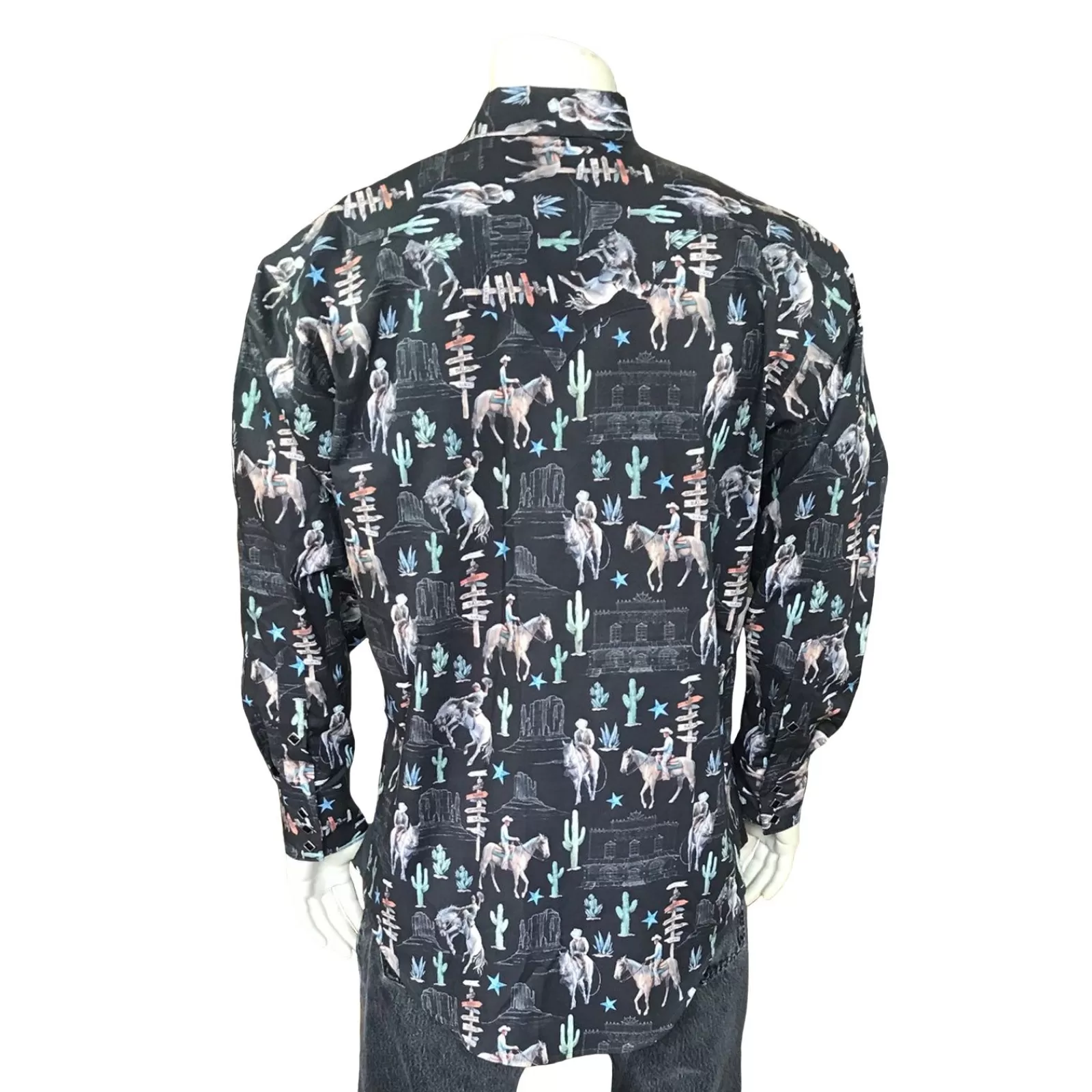 Rockmount Men'S Black Cactus & Cowboys Print Long Sleeve Western Shirt New