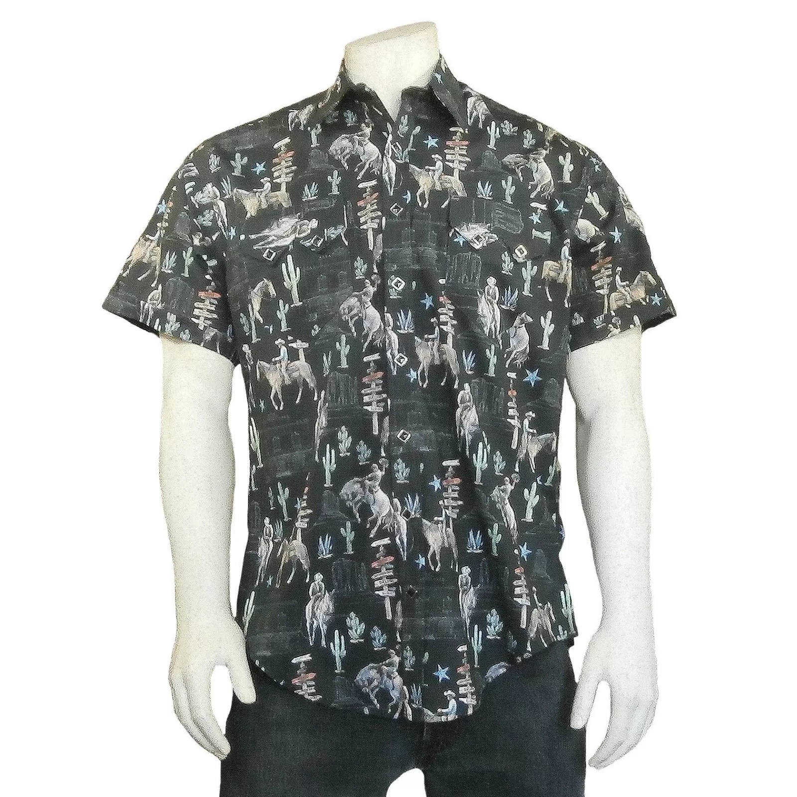 Rockmount Men'S Black Cactus & Cowboys Print Short Sleeve Western Shirt Discount