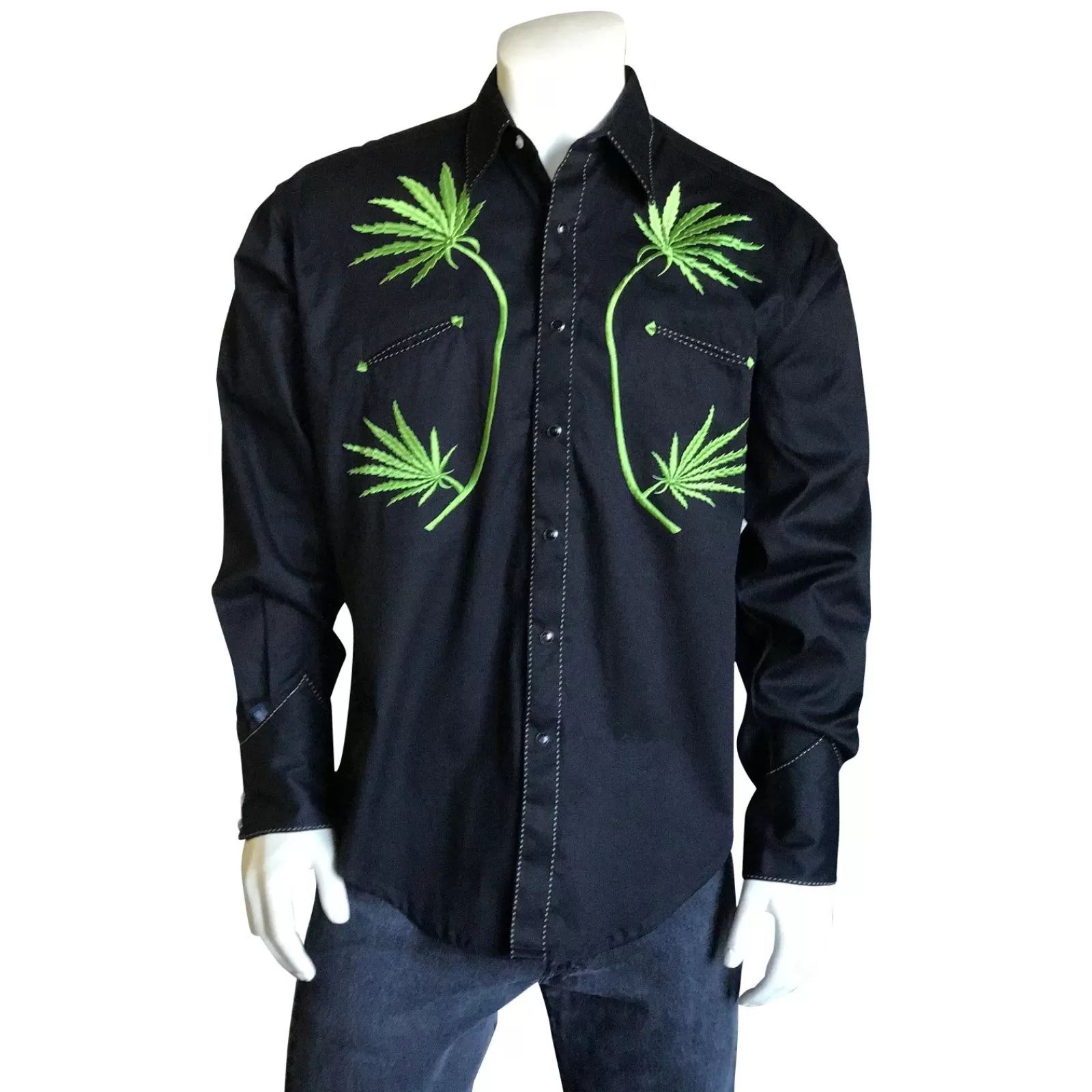 Rockmount Men'S Black Cannabis Cowboy Embroidered Western Shirt Outlet