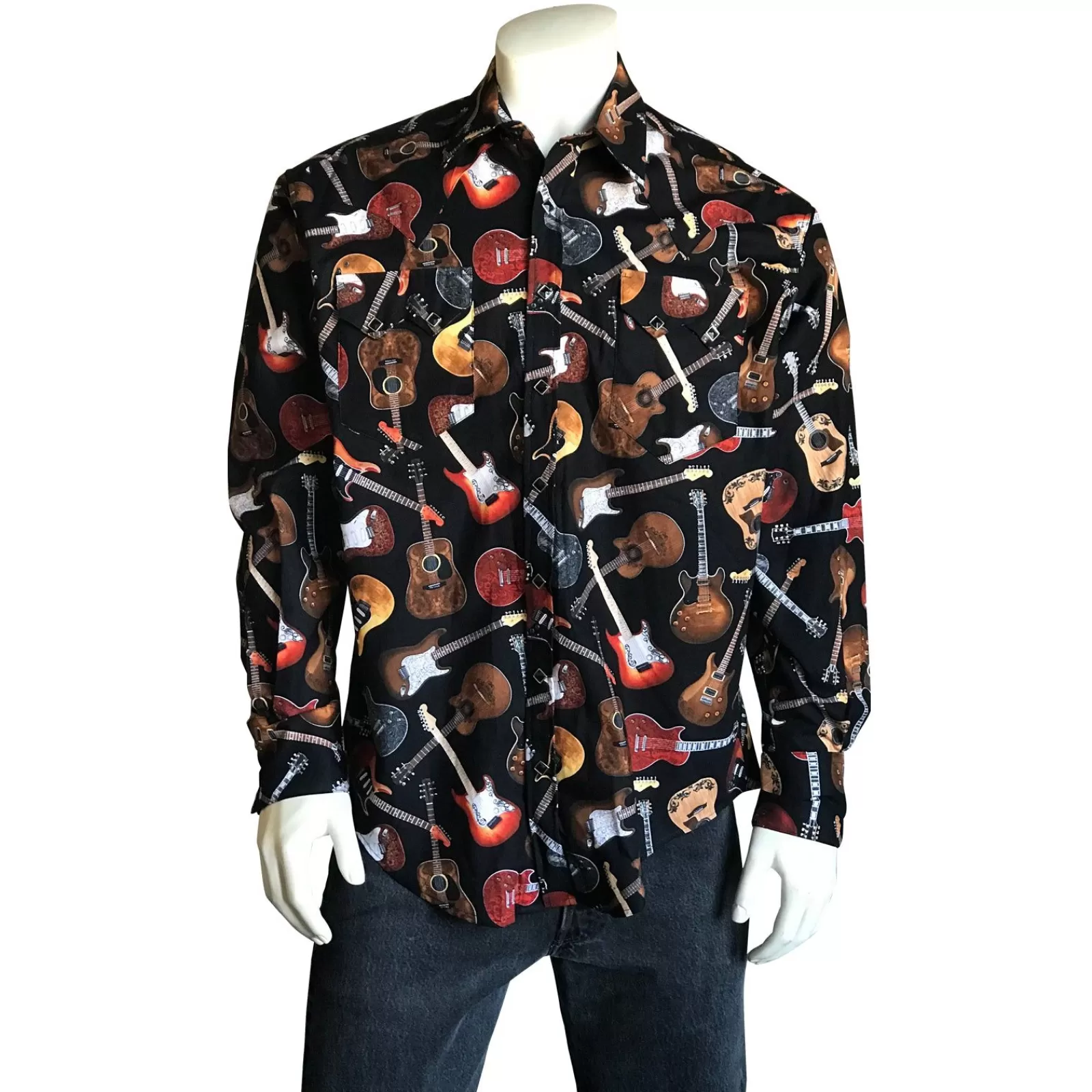 Rockmount Men'S Black Electric Guitars Print Western Shirt Store