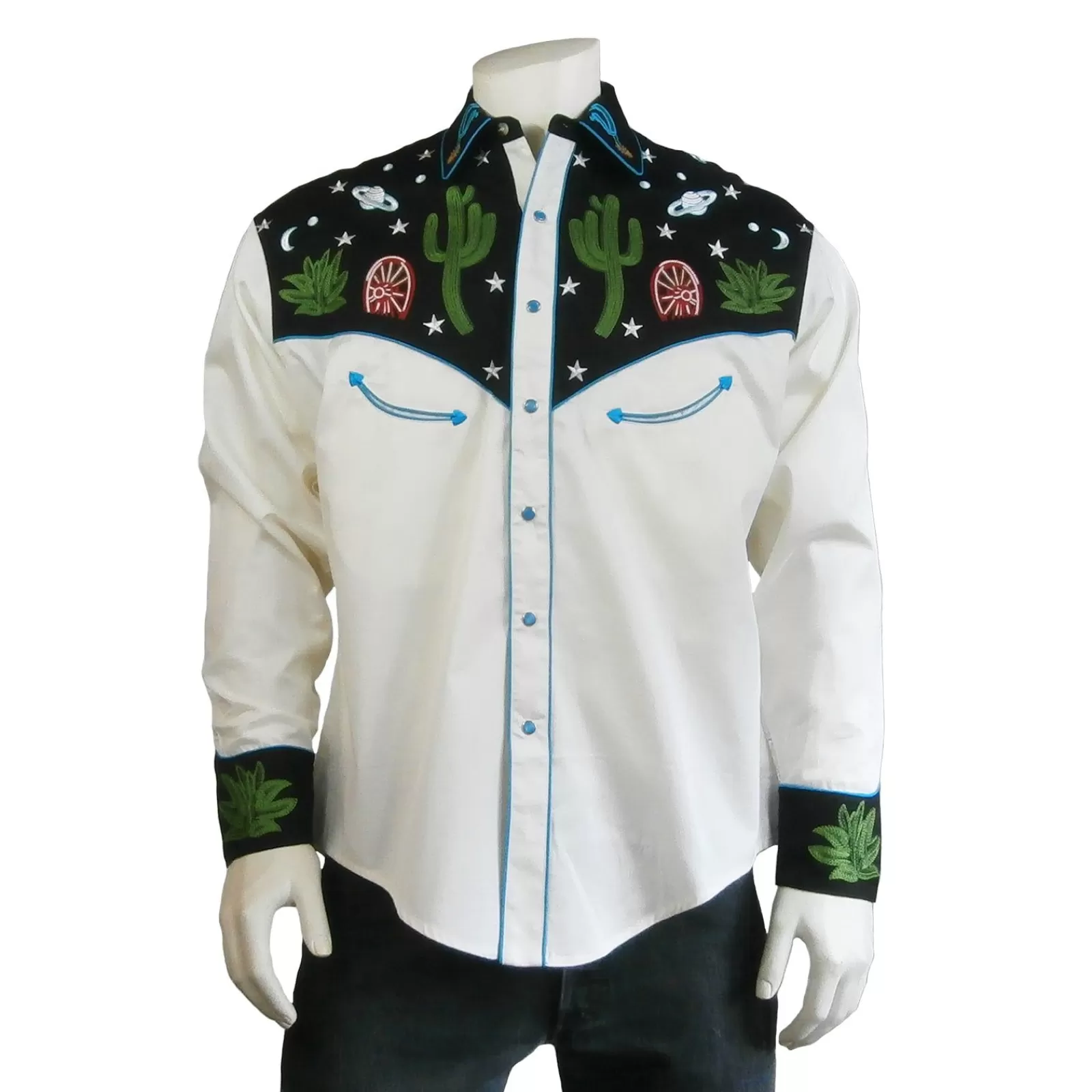 Rockmount Men'S Black Vintage Cactus & Stars Chain Stitch Embroidery Western Shirt Fashion