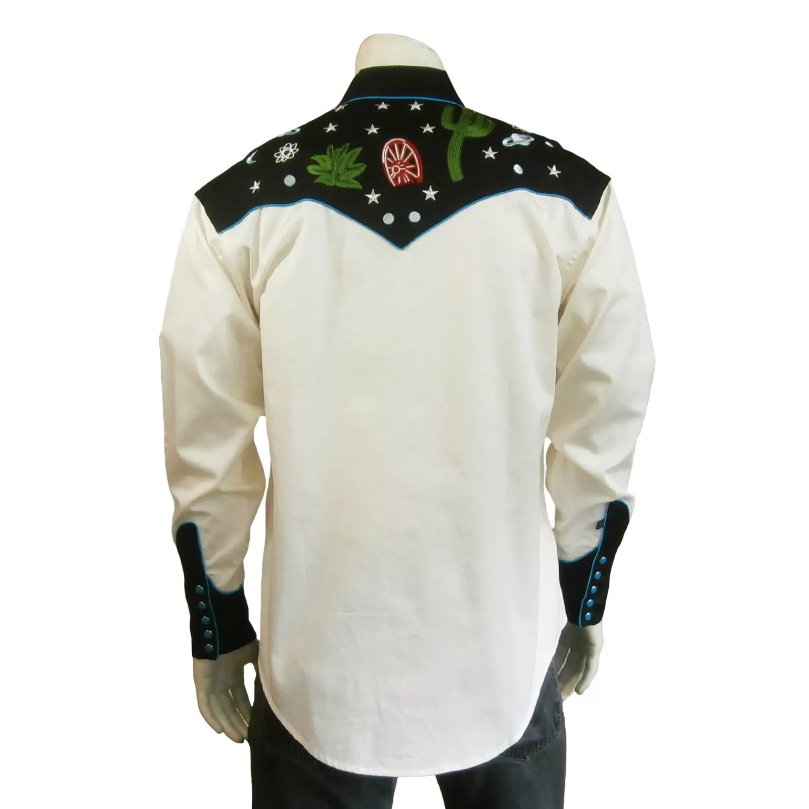 Rockmount Men'S Black Vintage Cactus & Stars Chain Stitch Embroidery Western Shirt Fashion