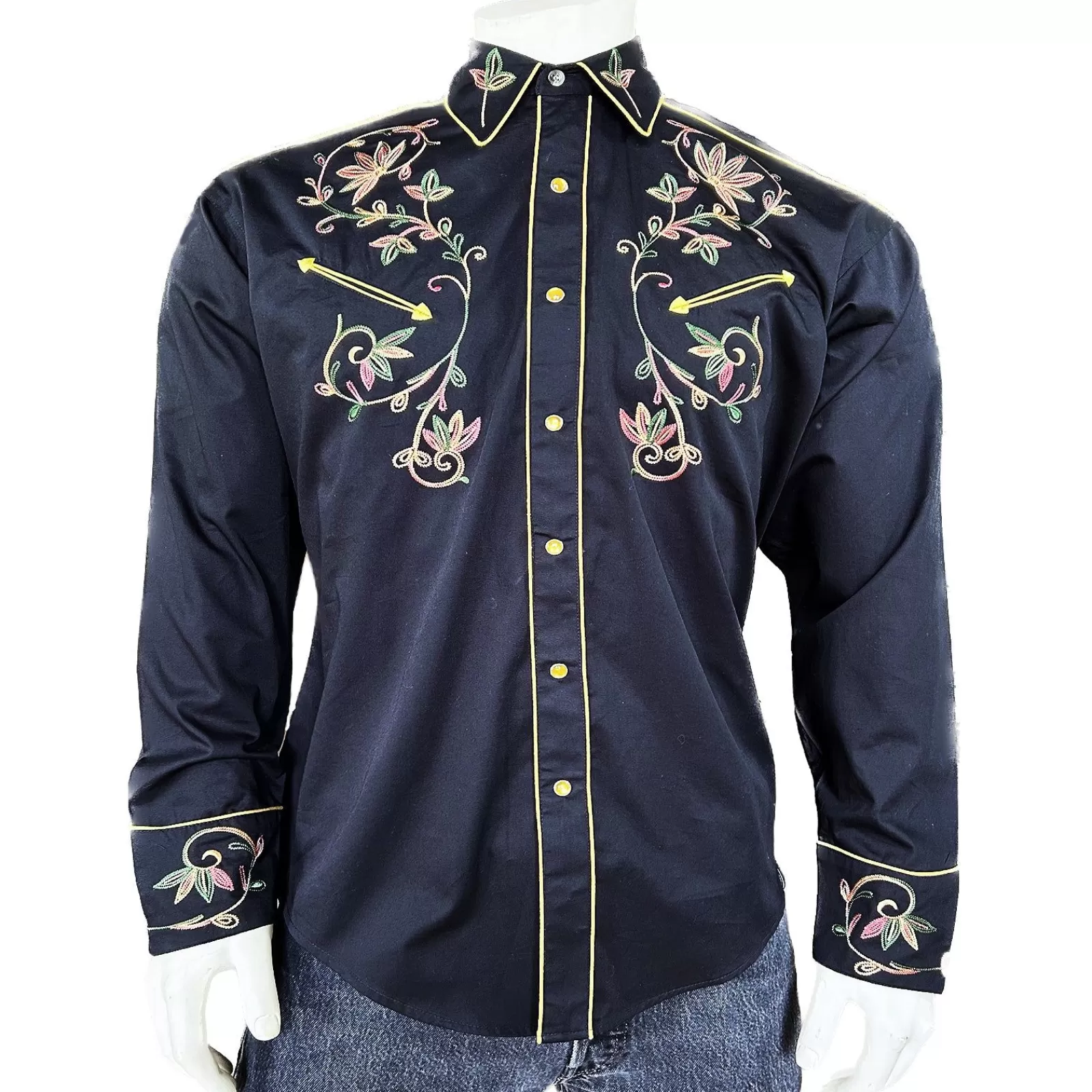Rockmount Men'S Black Vintage Variegated Floral Embroidery Hot