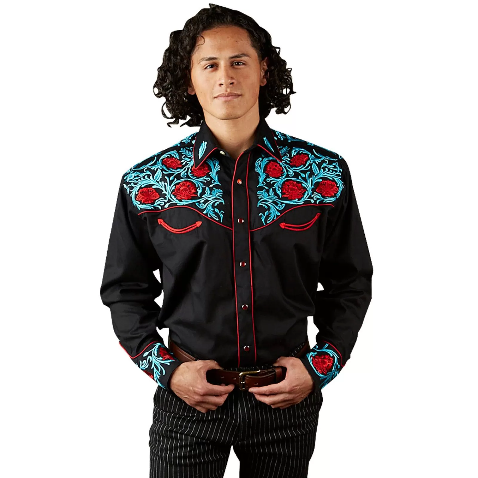 Rockmount Men'S Black Vintage Western Shirt With Red Floral & Turquoise Embroidery Discount