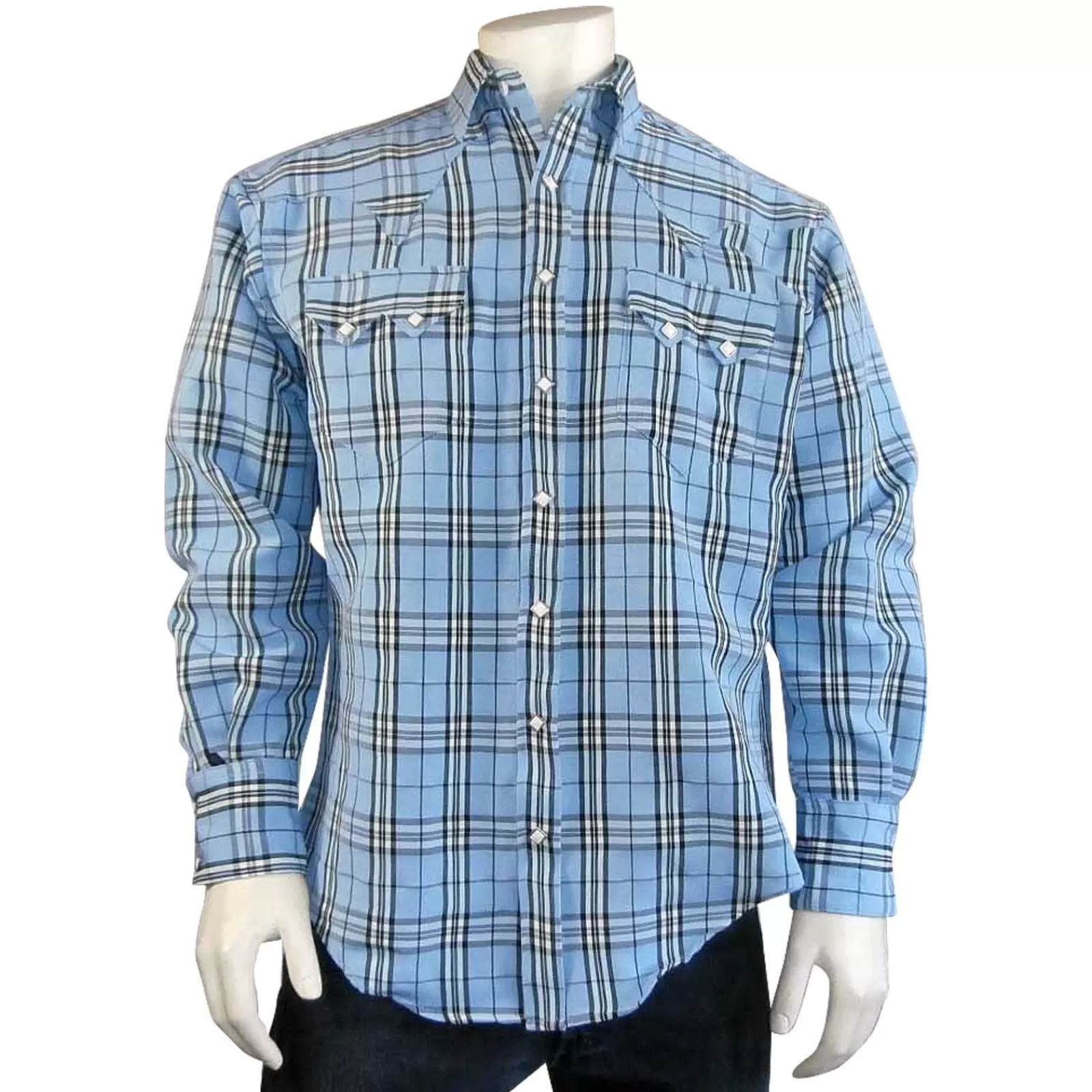 Rockmount Men'S Blue & Black Windowpane Plaid Western Shirt New