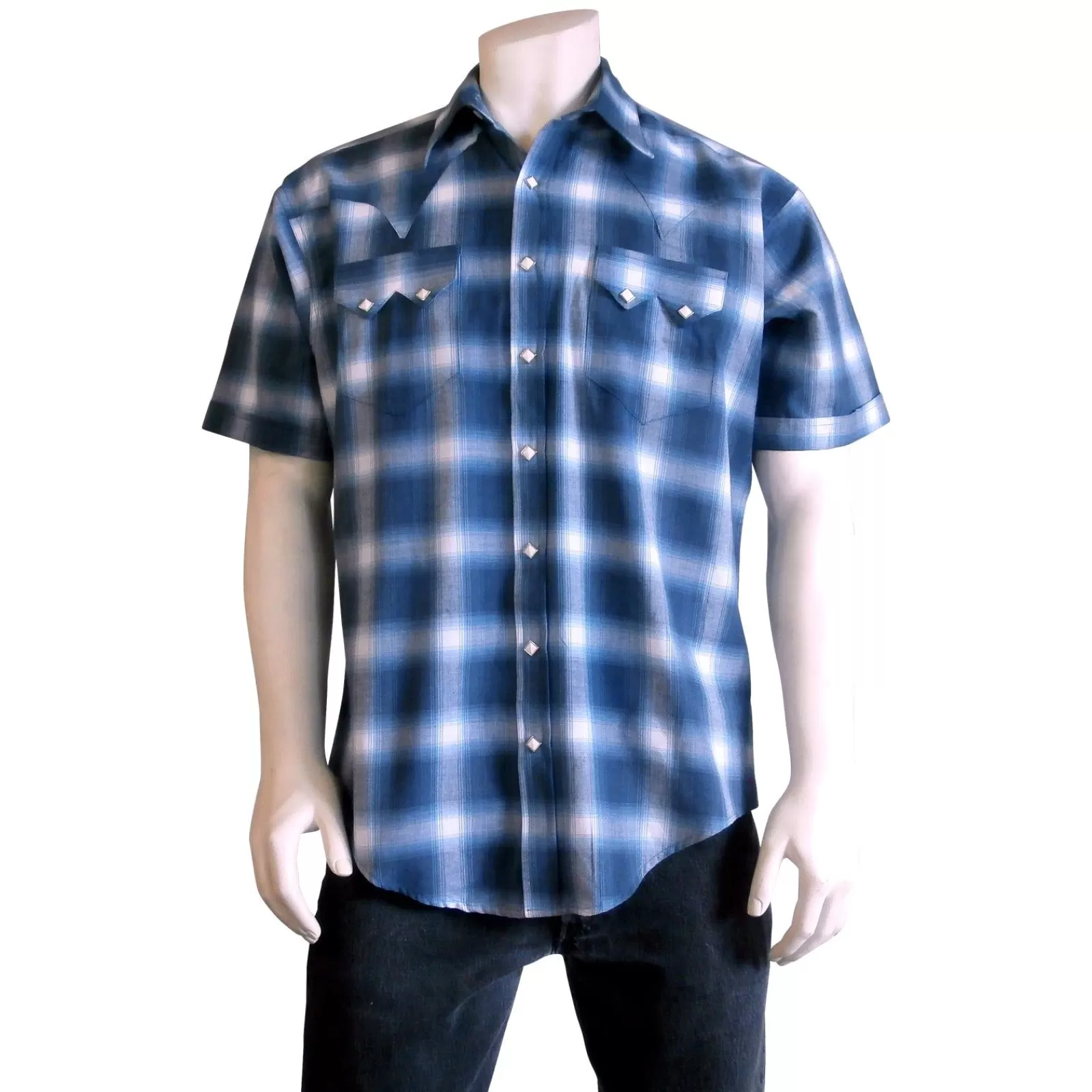 Rockmount Men'S Blue & White Shadow Plaid Short Sleeve Western Shirt Outlet