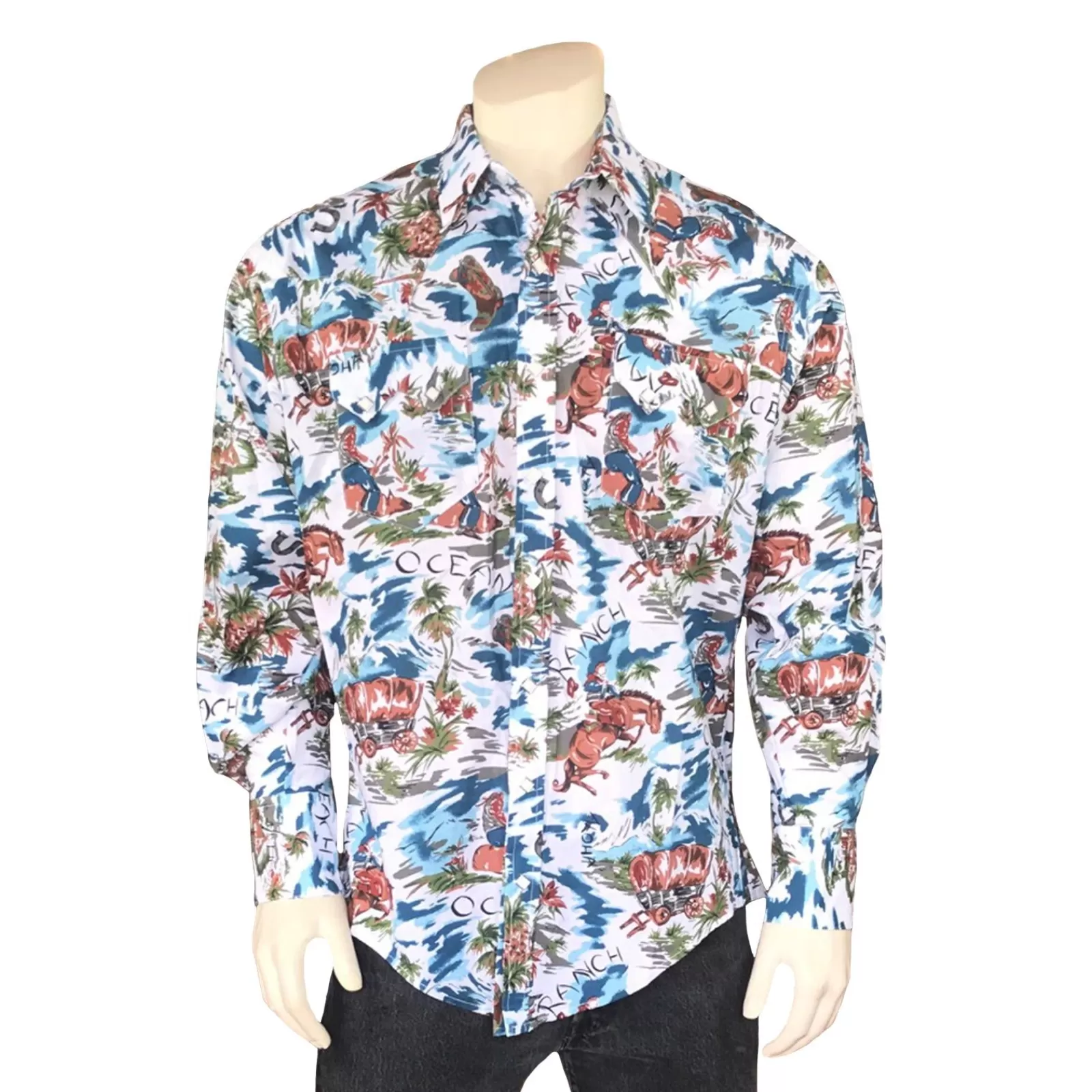 Rockmount Men'S Blue Western Hawaiian Print Long Sleeve Shirt Discount