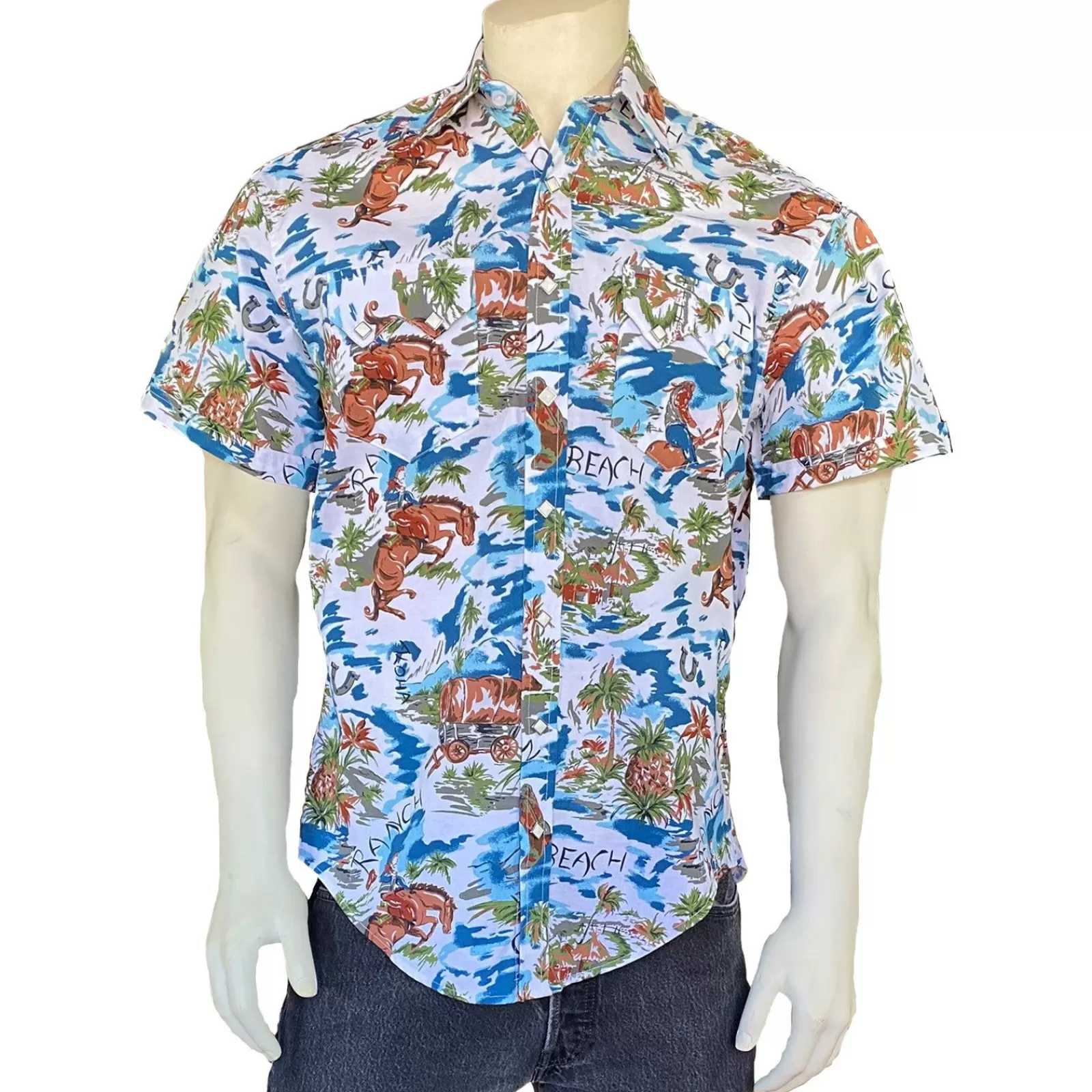 Rockmount Men'S Blue Western Hawaiian Print Short Sleeve Shirt Fashion