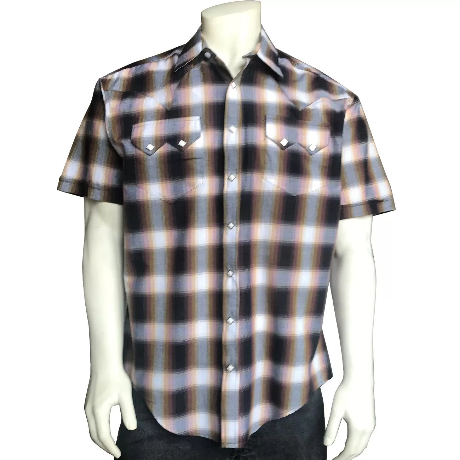 Rockmount Men'S Brown & White Shadow Plaid Short Sleeve Western Shirt Clearance