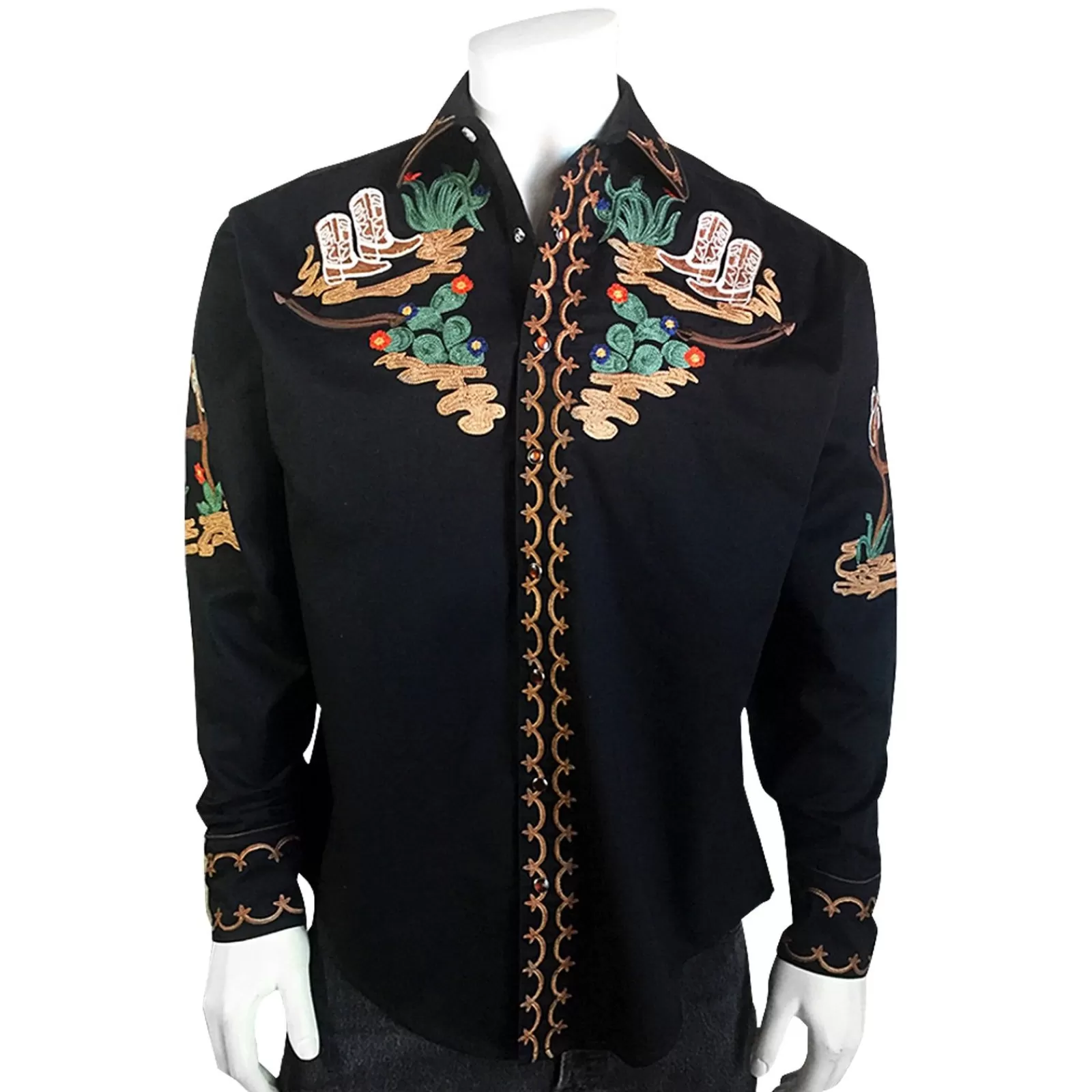 Rockmount Men'S Cactus & Cowboy Boots Embroidered Western Shirt In Black Cheap