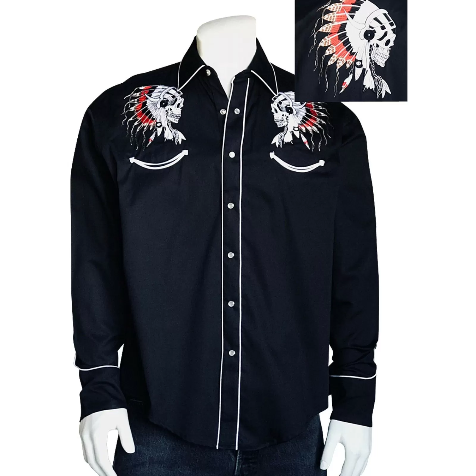 Rockmount Men'S Chief Skulls Vintage Embroidered Western Shirt Sale