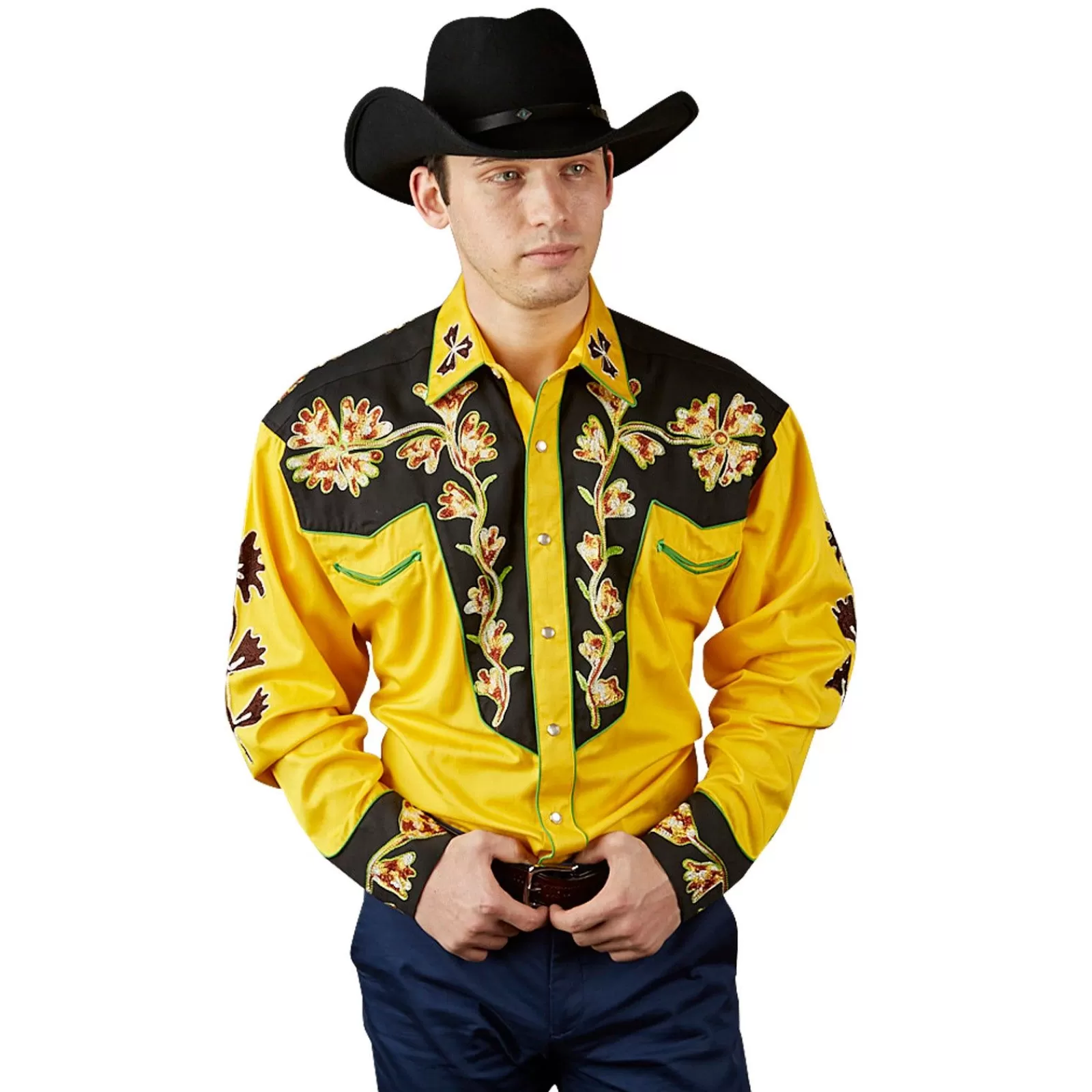 Rockmount Men'S Floral 2-Tone Black & Gold Embroidered Western Shirt Best