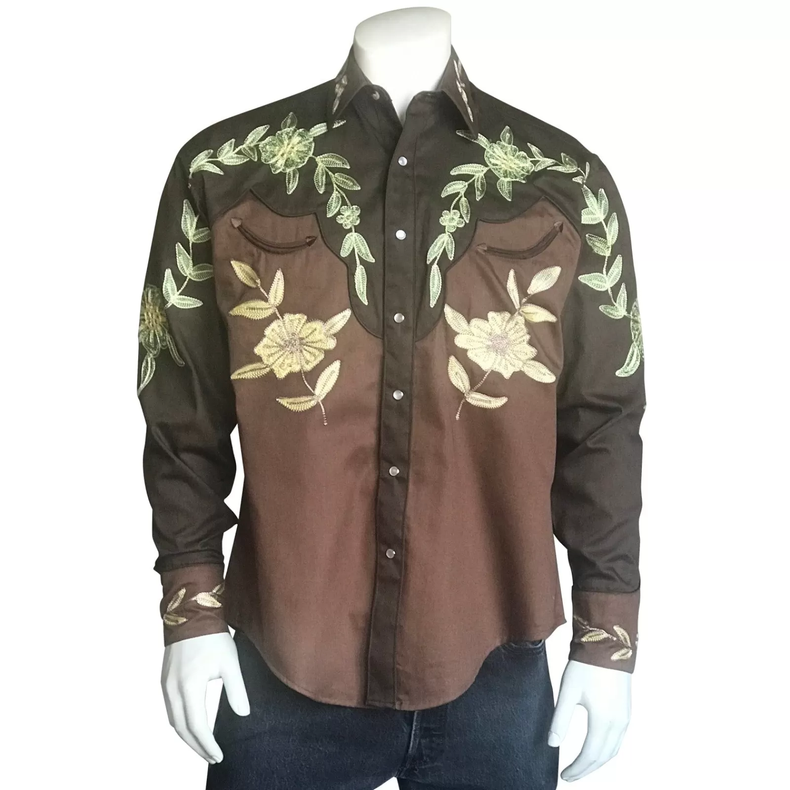 Rockmount Men'S Floral 2-Tone Brown & Tan Embroidered Western Shirt Flash Sale