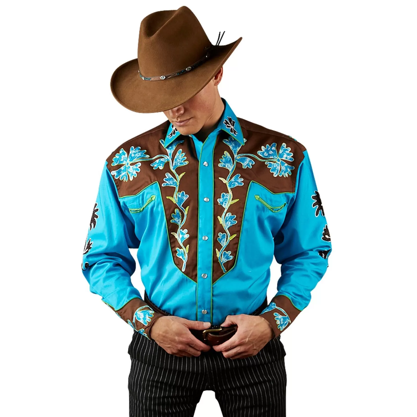 Rockmount Men'S Floral 2-Tone Brown & Turquoise Embroidered Western Shirt Discount